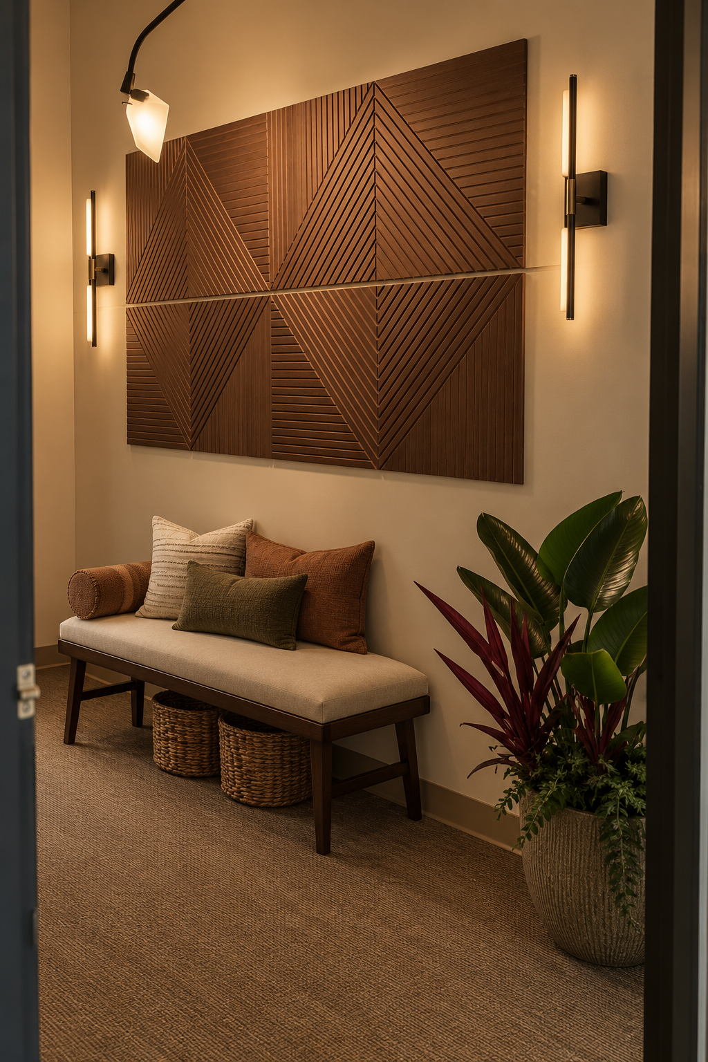 A cozy seating area with a beige upholstered bench, three patterned pillows, a large wooden geometric wall art piece, and a large potted plant with broad green and reddish-purple leaves, illuminated by modern wall sconces.