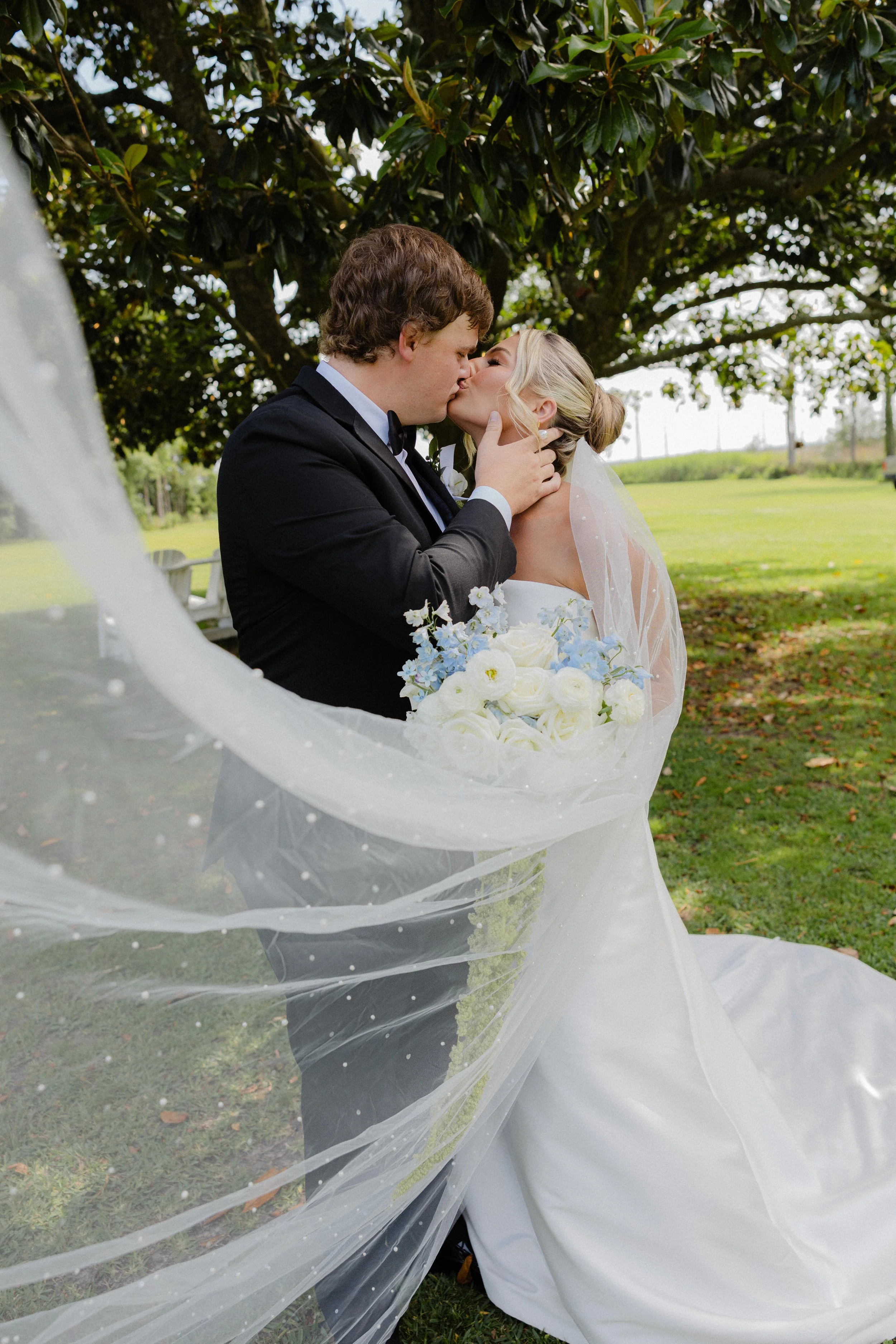 Bride and groom wrapped in her veil under the grand magnolia tree