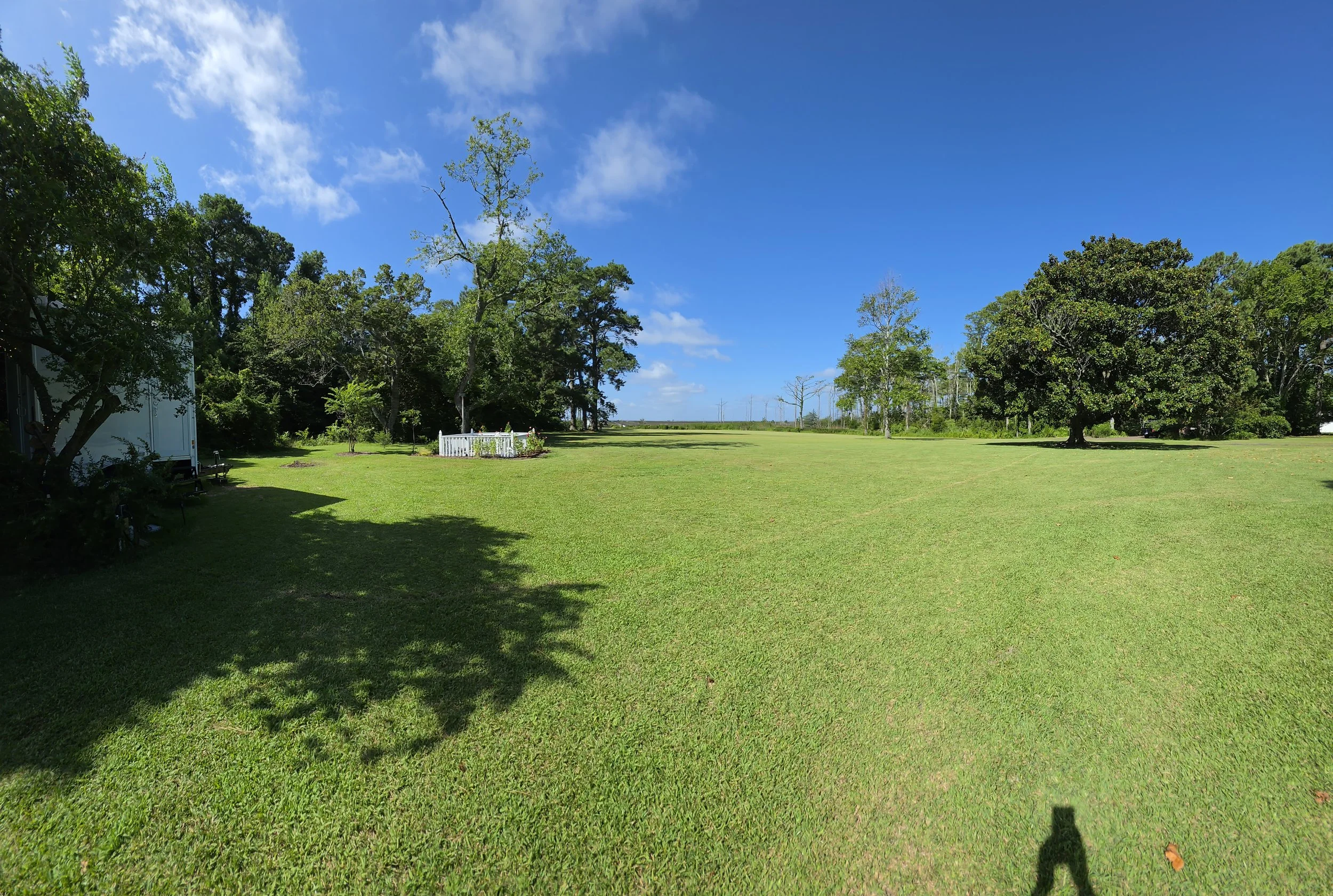 A spacious grassy field with several trees, clear blue sky with a few clouds, and a white fence in the distance.