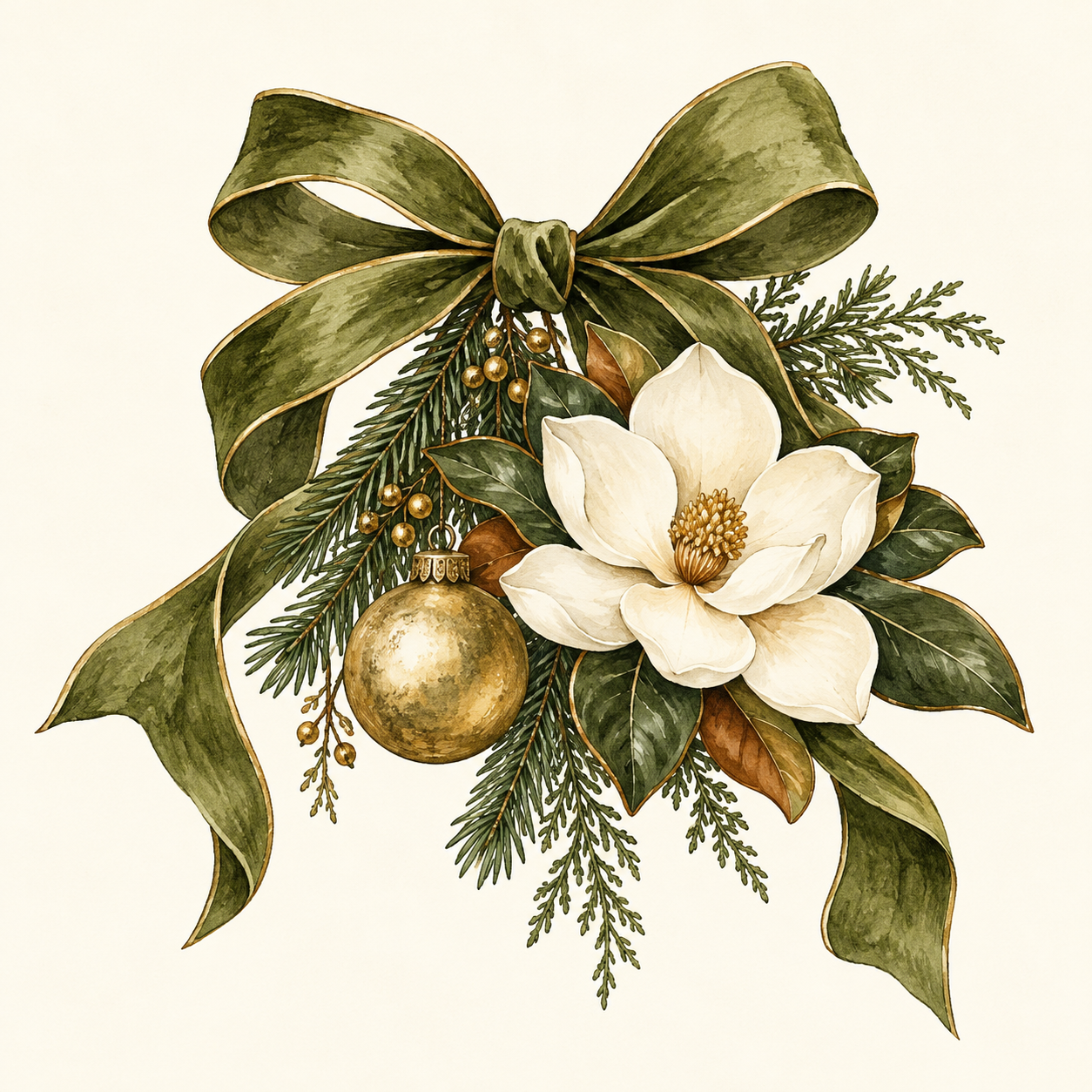 Decorative Christmas arrangement with a large green bow, evergreen branches, white magnolia flower, gold ornament, and golden berries.