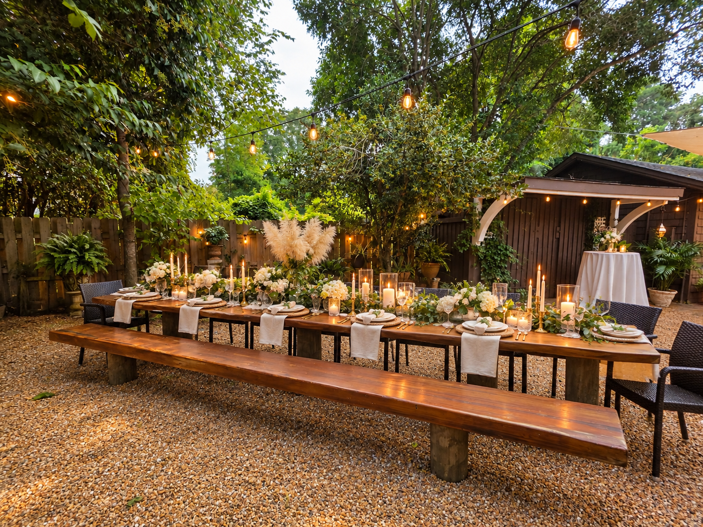 Elegant outdoor dinner party with a long wooden table, floral centerpieces, candles, string lights, and lush garden surroundings