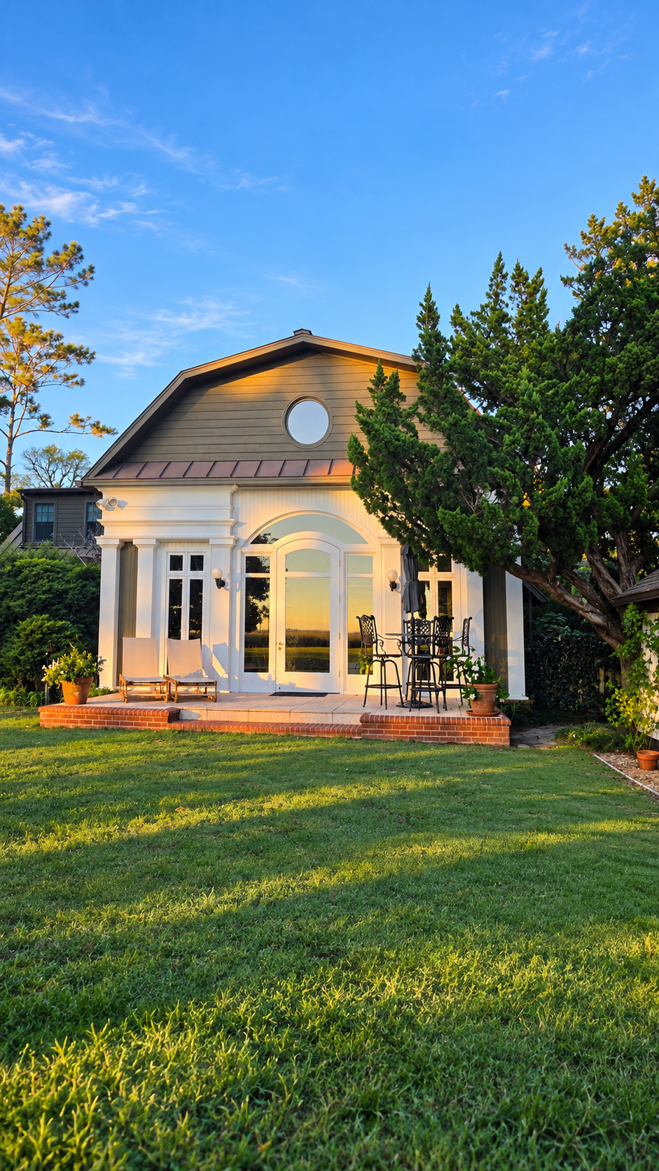 Elegant backyard guesthouse with arched glass doors, patio seating, manicured lawn, and lush trees at sunset