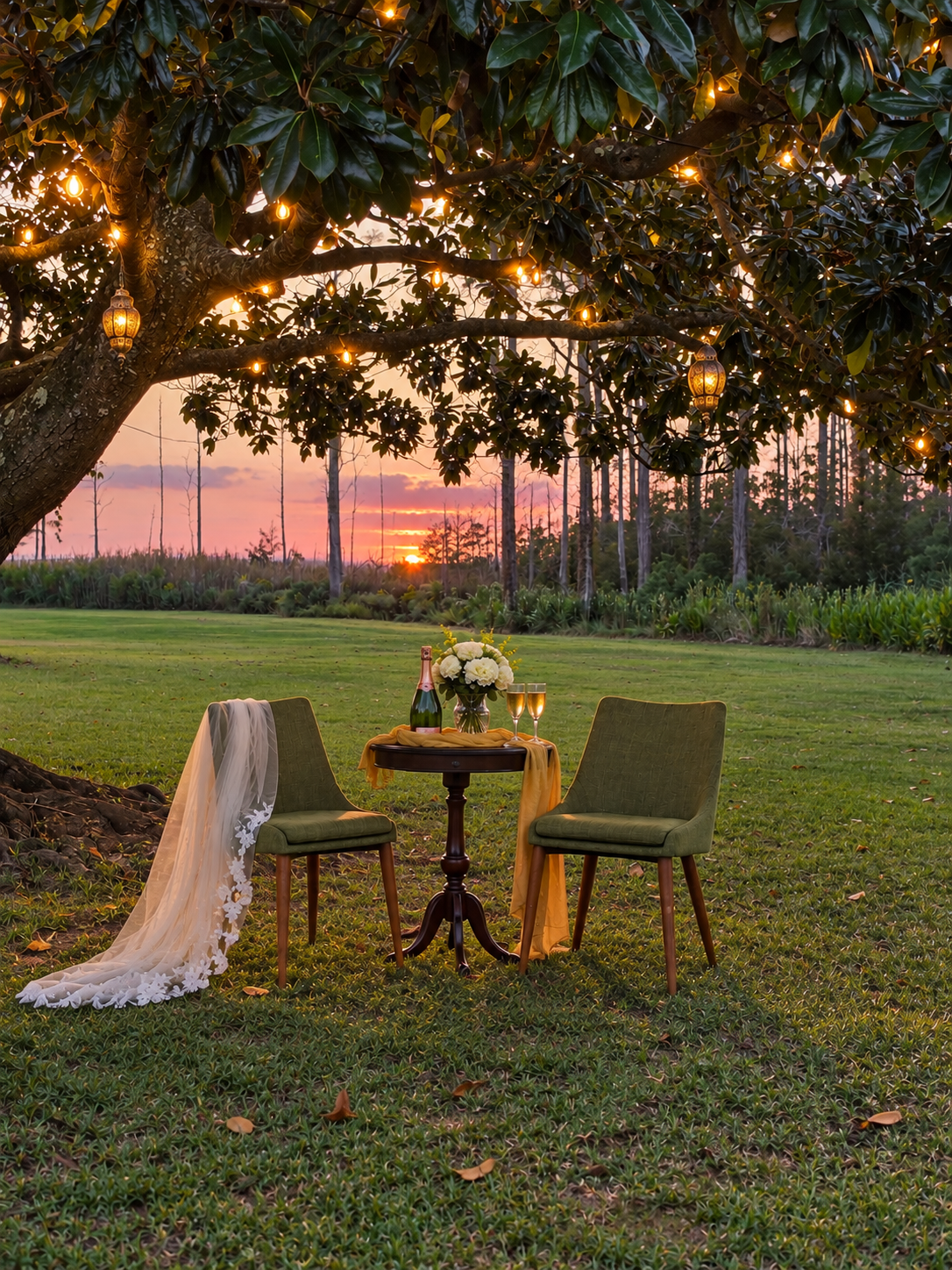 Romantic outdoor wedding setting with champagne, flowers, two chairs, and a bridal veil beneath a lighted tree at sunset