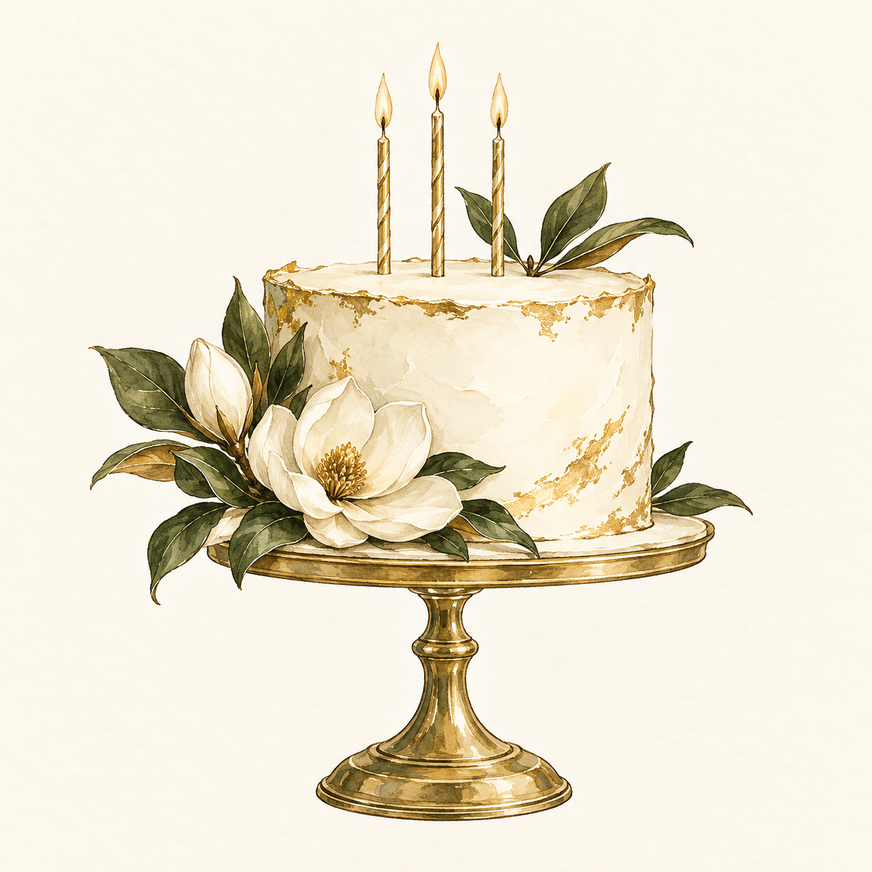 A white tiered cake decorated with white flowers, green leaves, and gold accents on a gold cake stand with three lit candles on top.