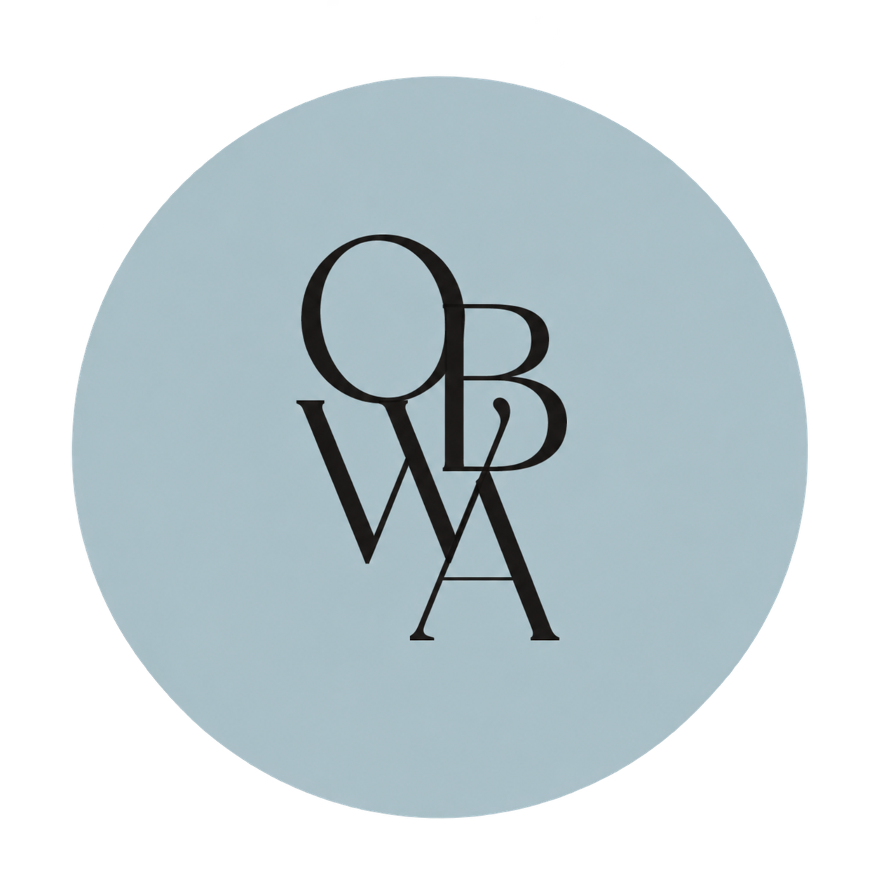 Black overlapping O, B, W, and A monogram on a pale blue circular background