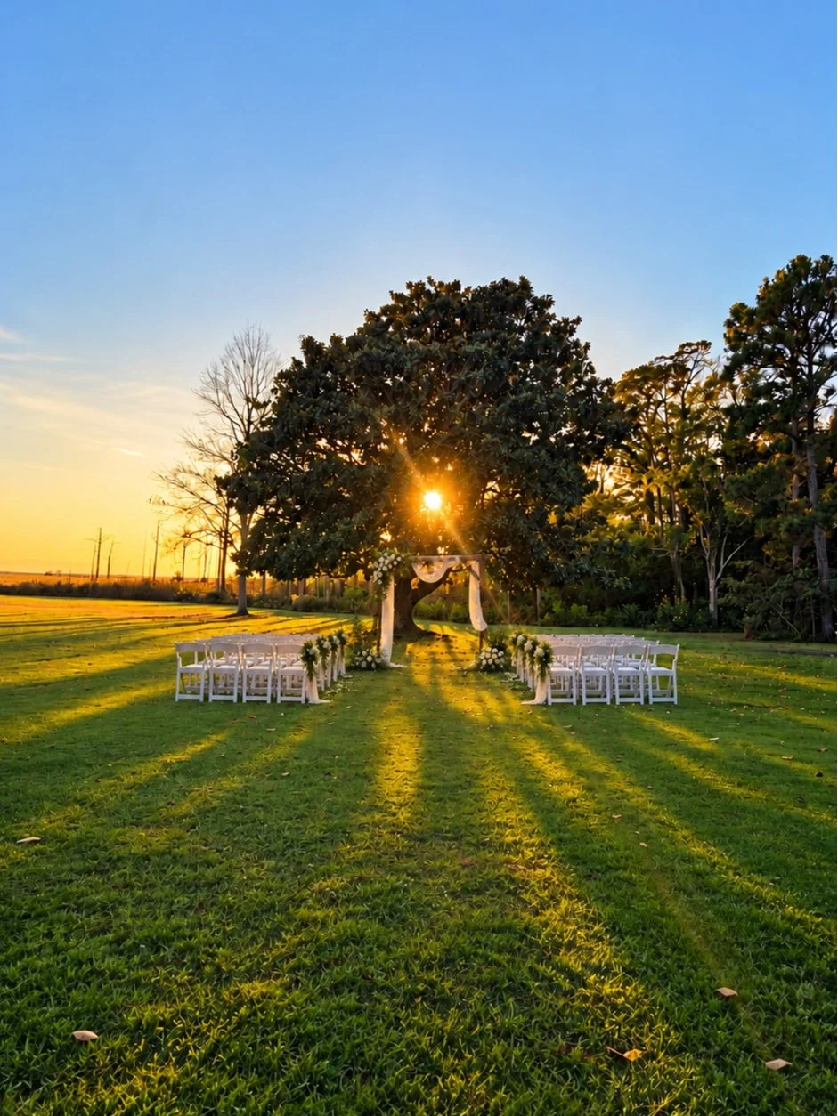 Outdoor wedding ceremony setup with white chairs and floral arch on a sunlit lawn at sunset