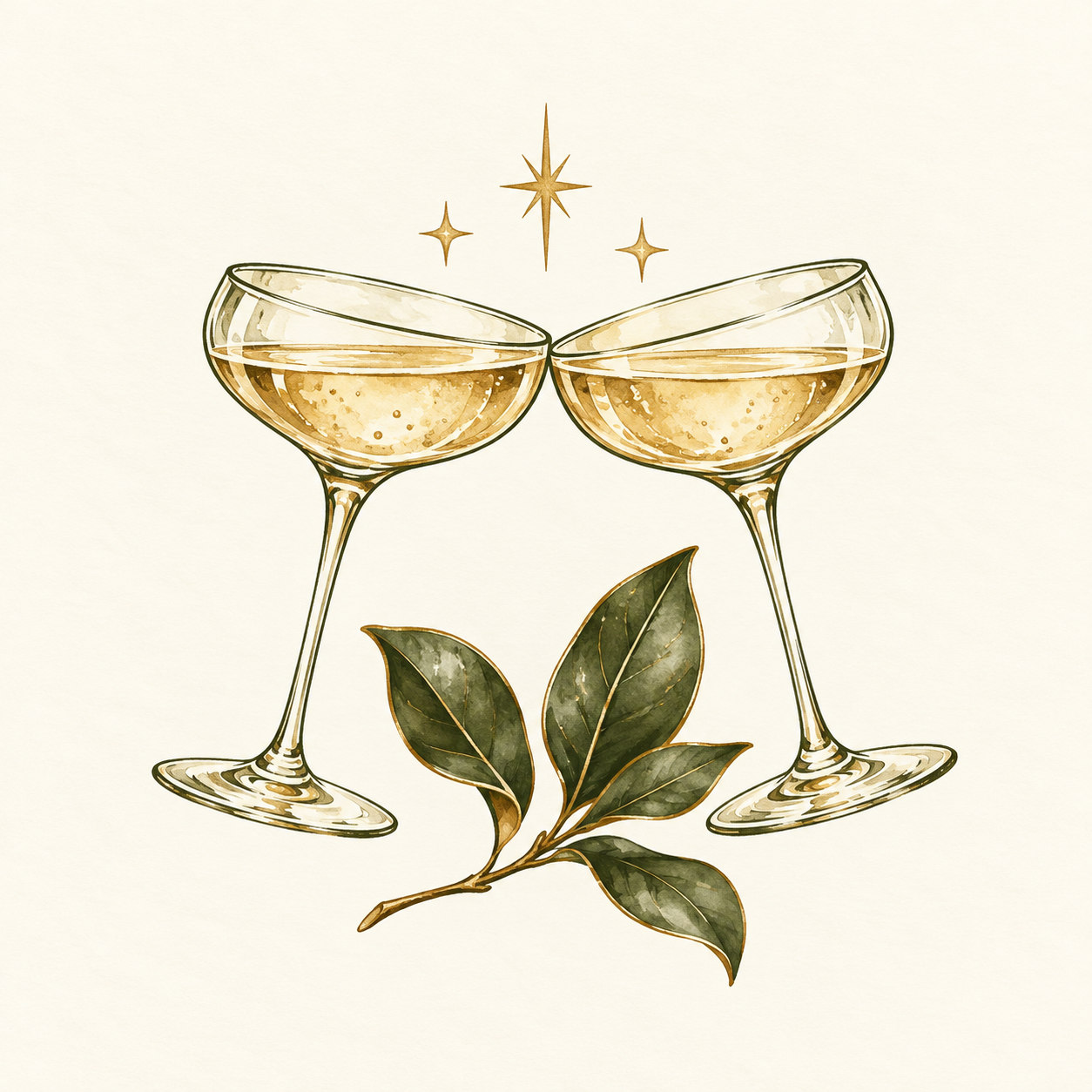 Two champagne glasses clinked together with sparkling champagne inside, above which are three golden stars, and below is a sprig of green leaves with gold edges.