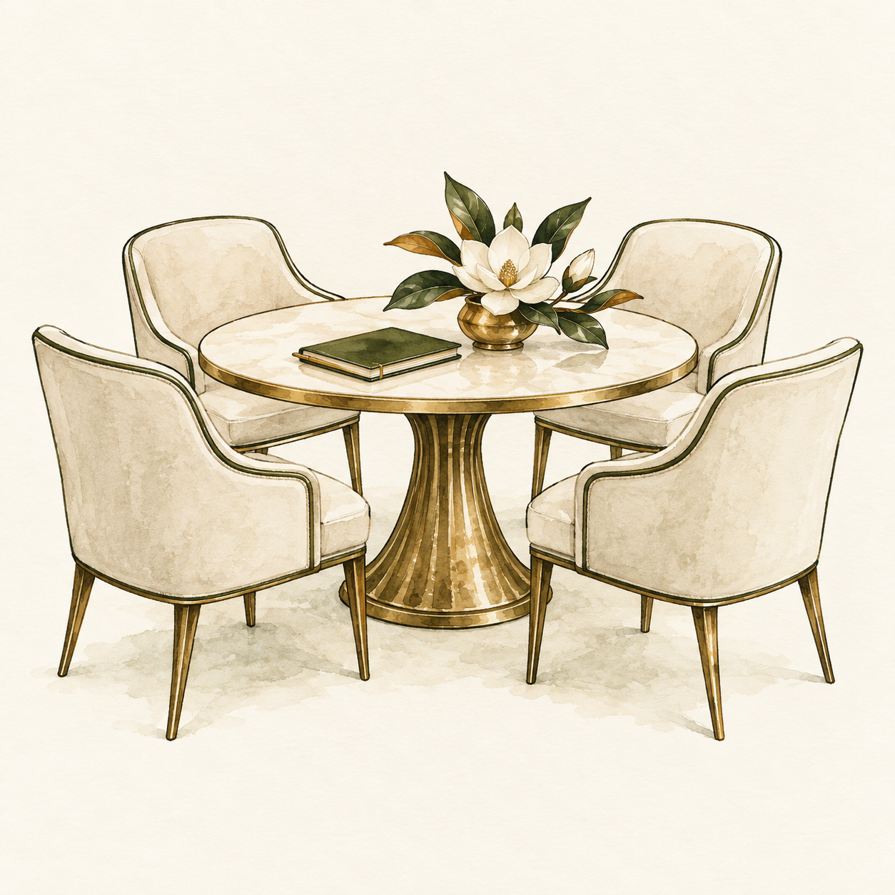Round dining table with a marble top, four beige upholstered chairs, a vase with white flowers and green leaves, and a closed book on the table.