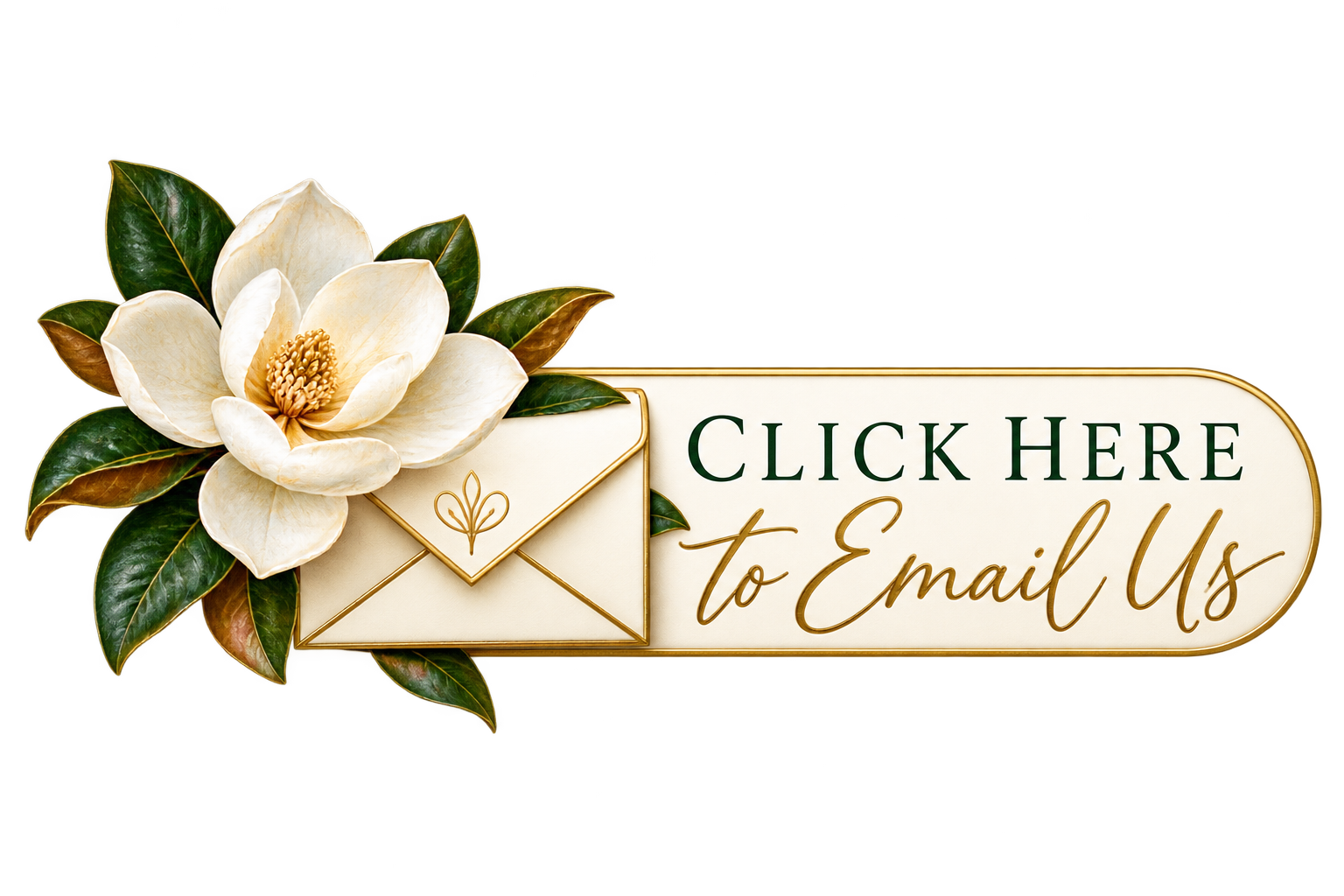 Elegant floral email contact banner with white magnolia flowers, green leaves, envelope, and text reading “Click Here to Email Us.”