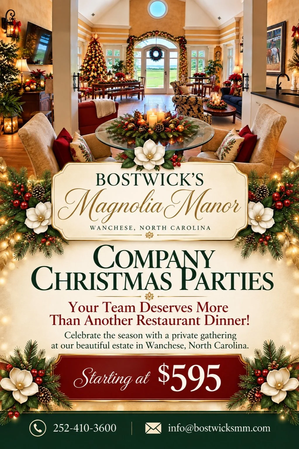 The image is a festive holiday advertisement for Bostwick's Magnolia Manor in Wanchese, North Carolina, promoting company Christmas parties. The background shows a beautifully decorated dining area with Christmas trees, wreaths, candles, and holiday decorations, creating a warm and inviting atmosphere.