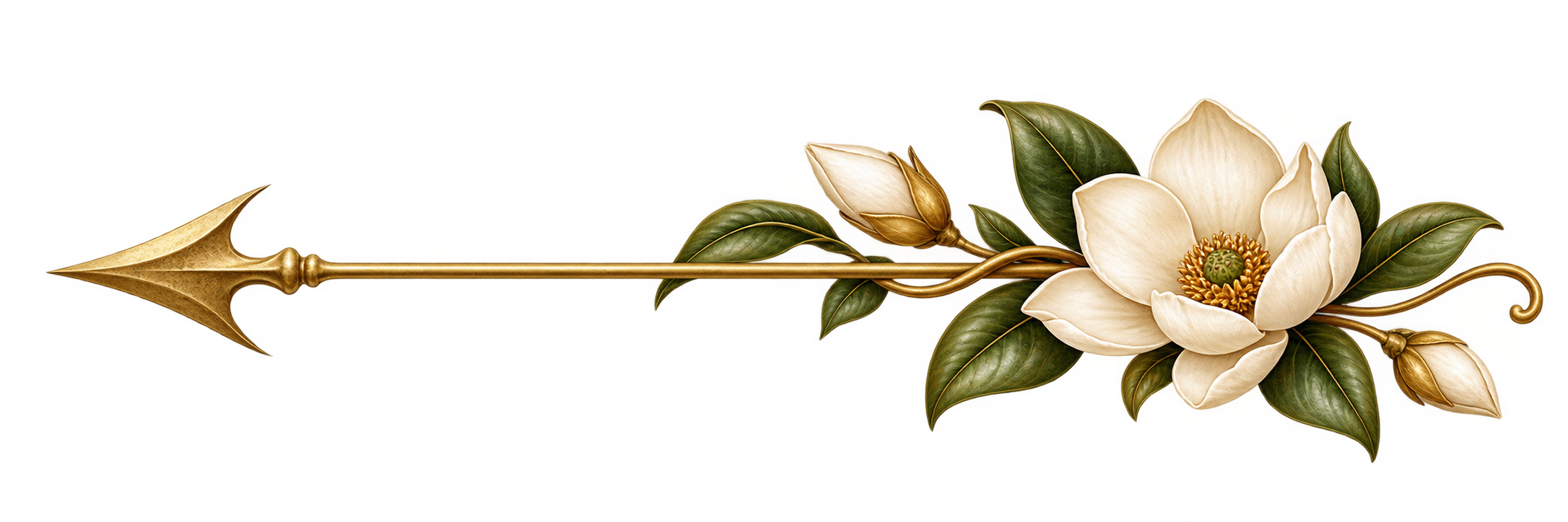 Decorative golden spear with a white flower and green leaves.