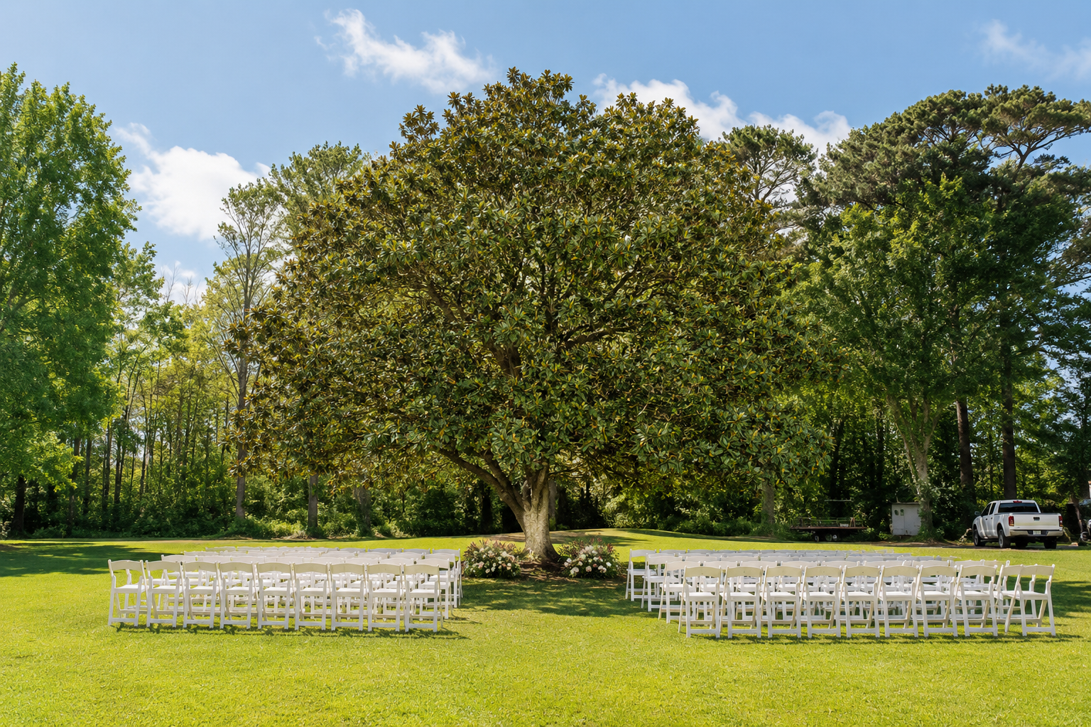Outdoor wedding setup on a lush green lawn with a large tree at the center, surrounded by white chairs arranged in rows on either side, under a sunny sky with a few clouds.