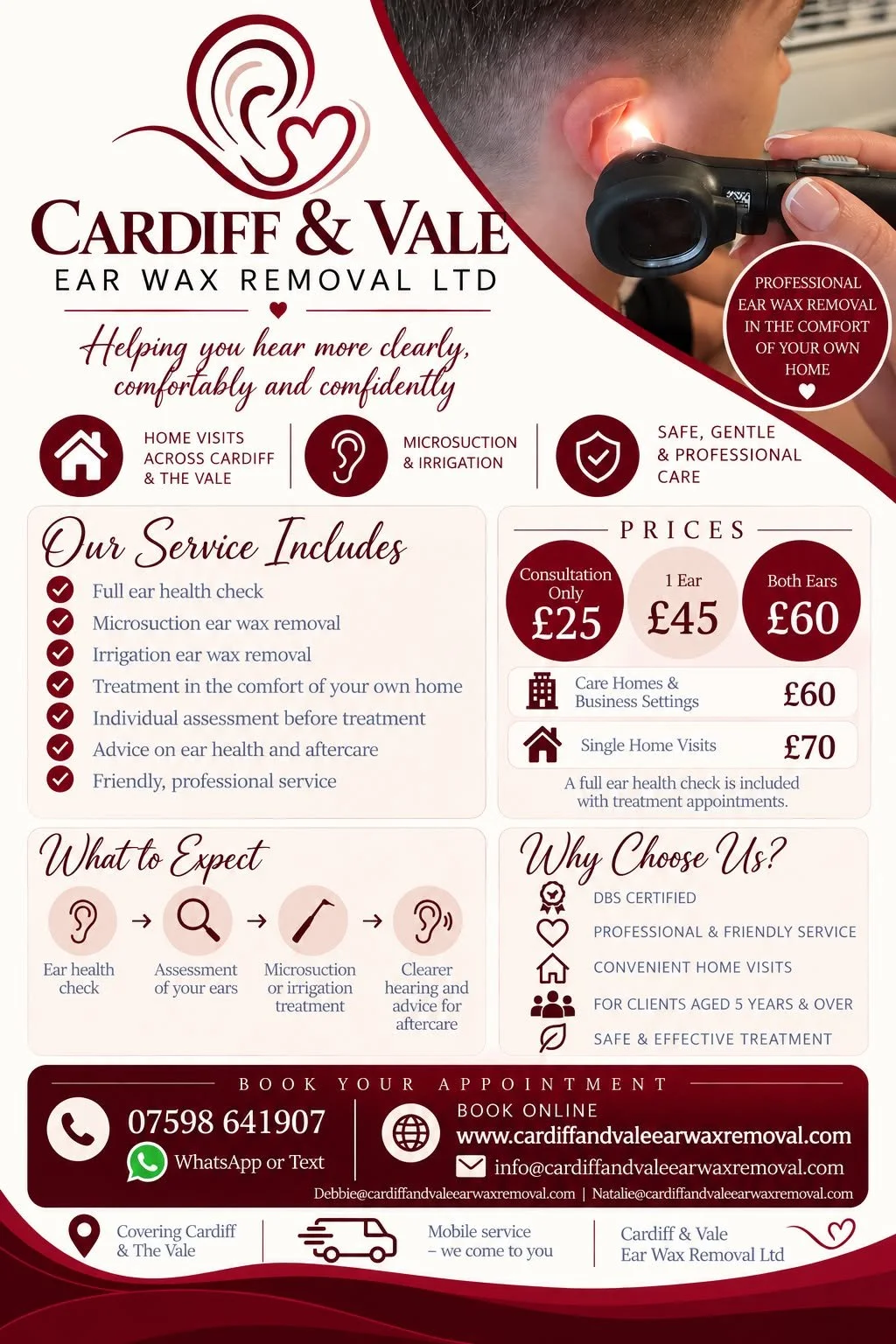 A flyer for Cardiff & Vale Ear Wax Removal Ltd advertising professional ear wax removal services at home and in clinics, including prices, services, and contact information. The flyer features an image of a person getting their ear examined with an otoscope.