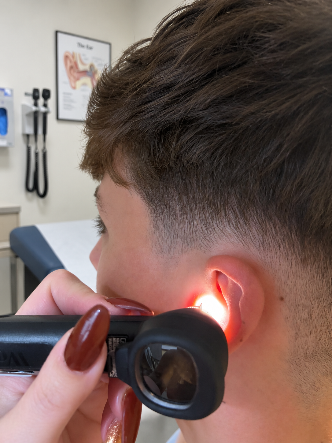 A person receiving an ear examination with an otoscope, in a medical office.