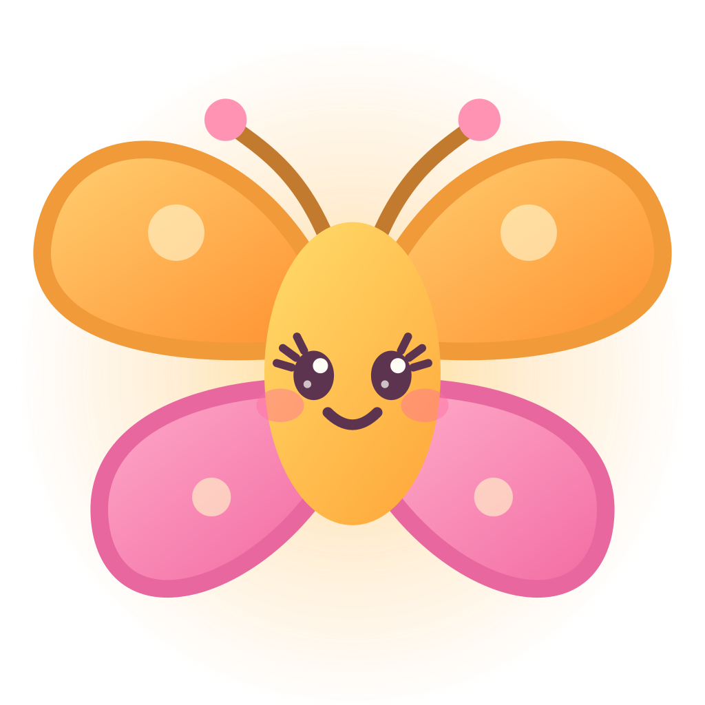 Cute cartoon butterfly with a smiling face, big eyes, pink and orange wings, set against a warm yellow and red background.