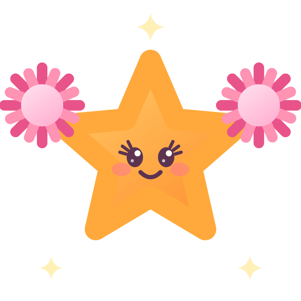 Cute cartoon star with a smiling face, big eyes, and pink cheeks, flanked by two pink flowers with white centers.