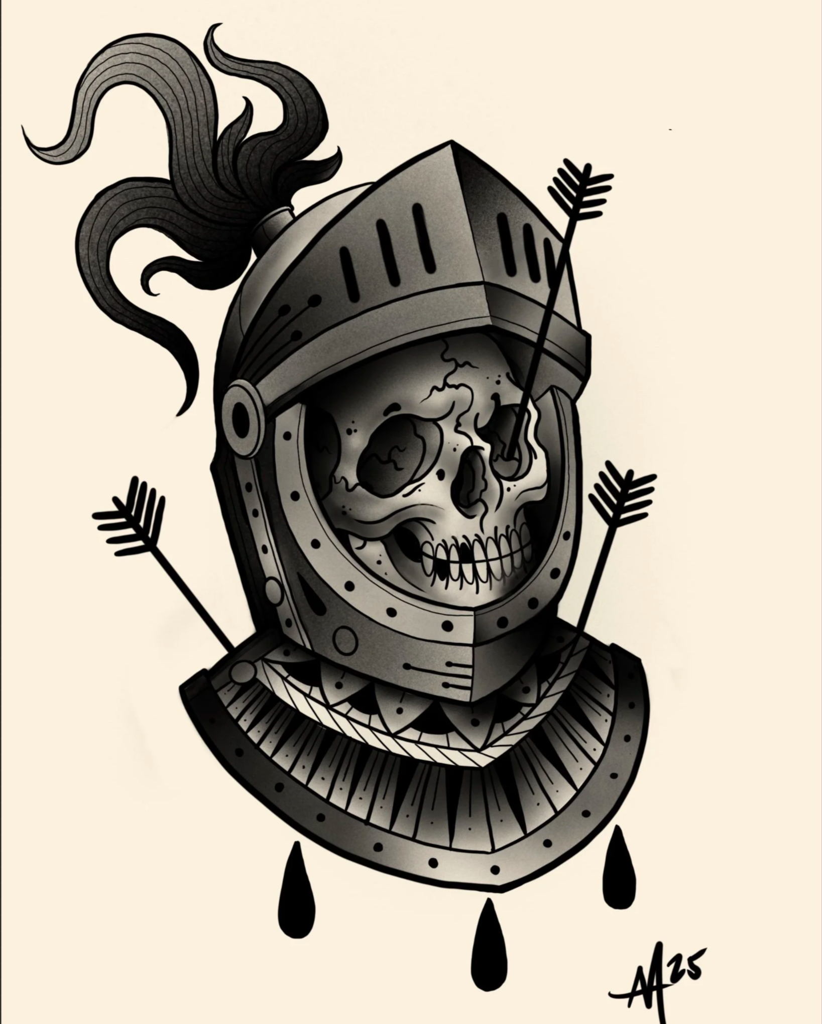 Available black and gray skull knight tattoo design with arrows by Miami tattoo artist Adrian Aguirre