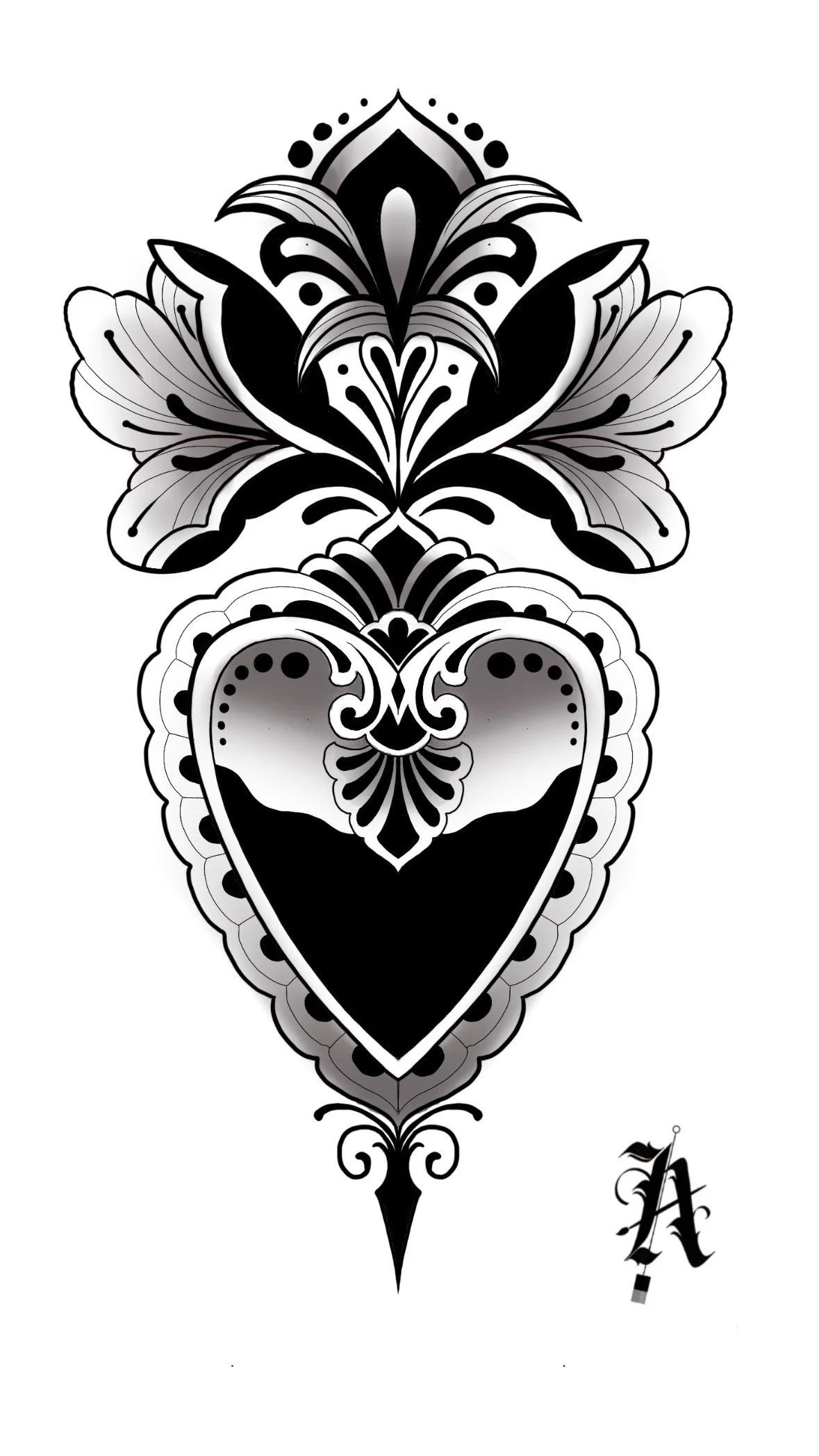 Available black and gray ornamental heart tattoo design with floral details by Miami tattoo artist Adrian Aguirre