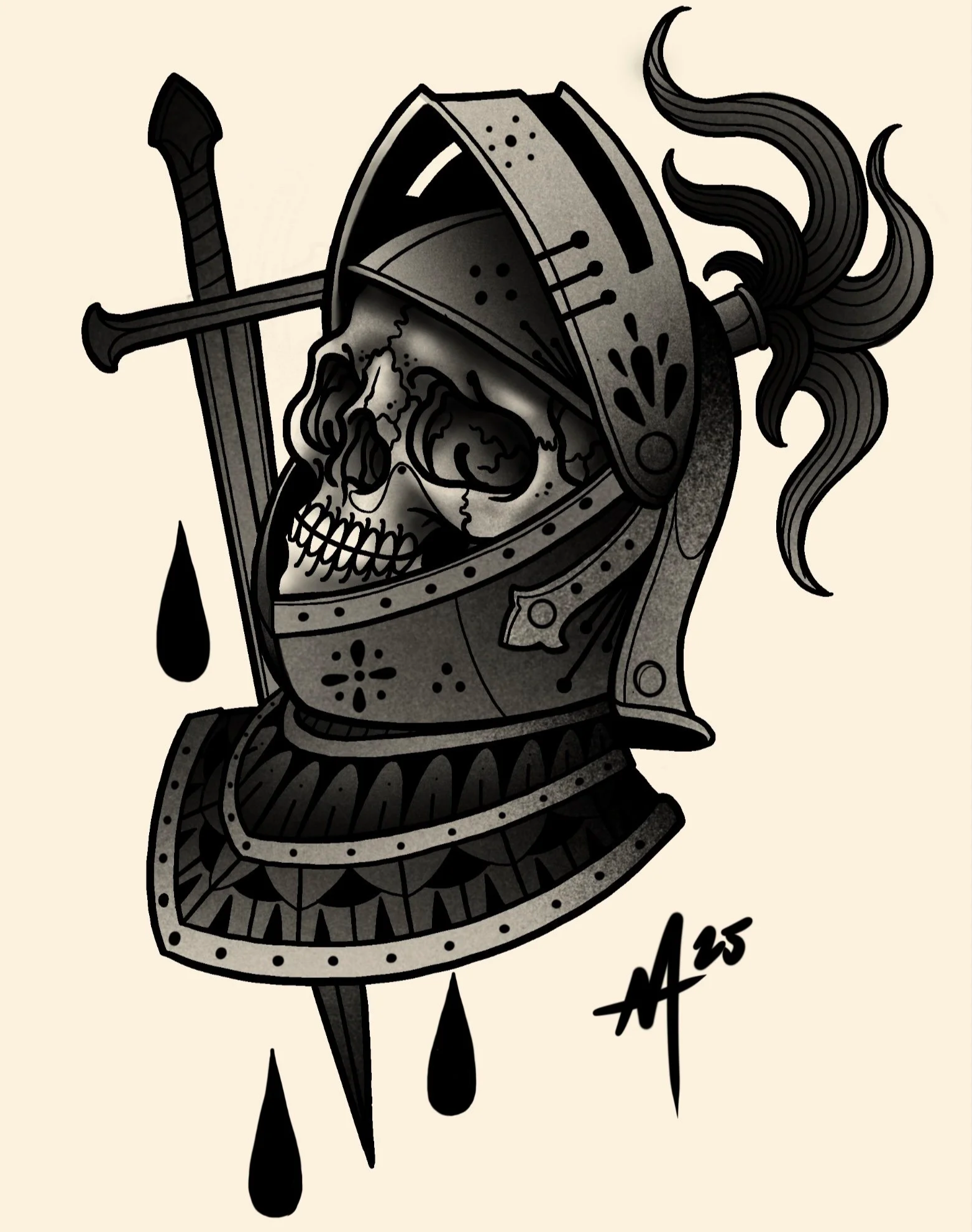 Available black and gray knight helmet tattoo design with sword and skull details by Miami tattoo artist Adrian Aguirre