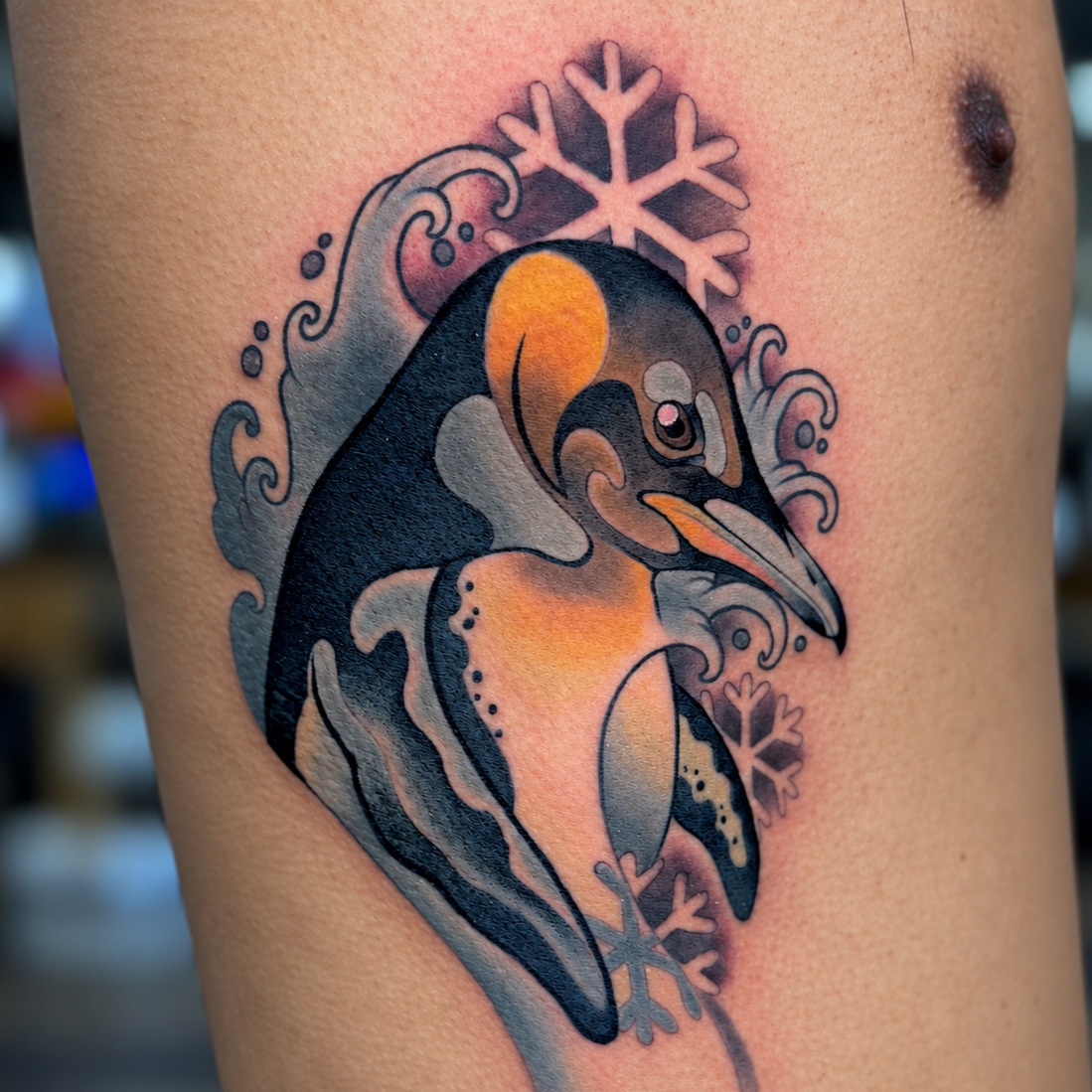 Neo-traditional penguin tattoo by Miami tattoo artist Adrian Aguirre