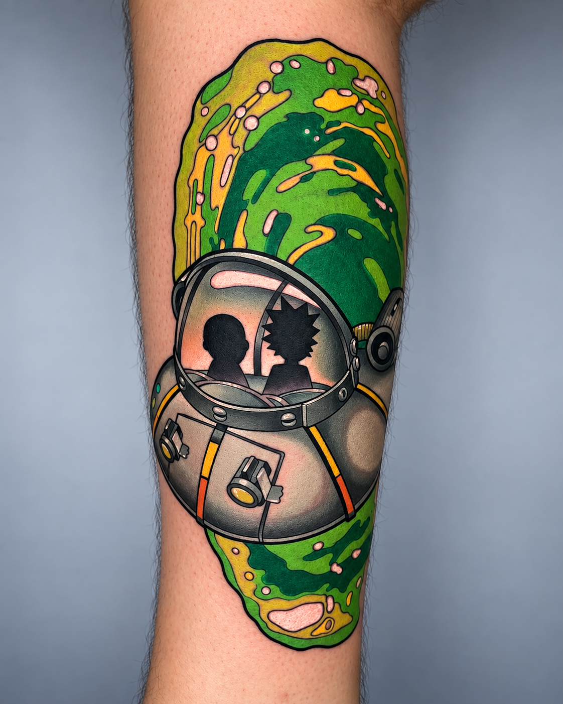 Color Rick and Morty space-themed tattoo by Miami tattoo artist Adrian Aguirre