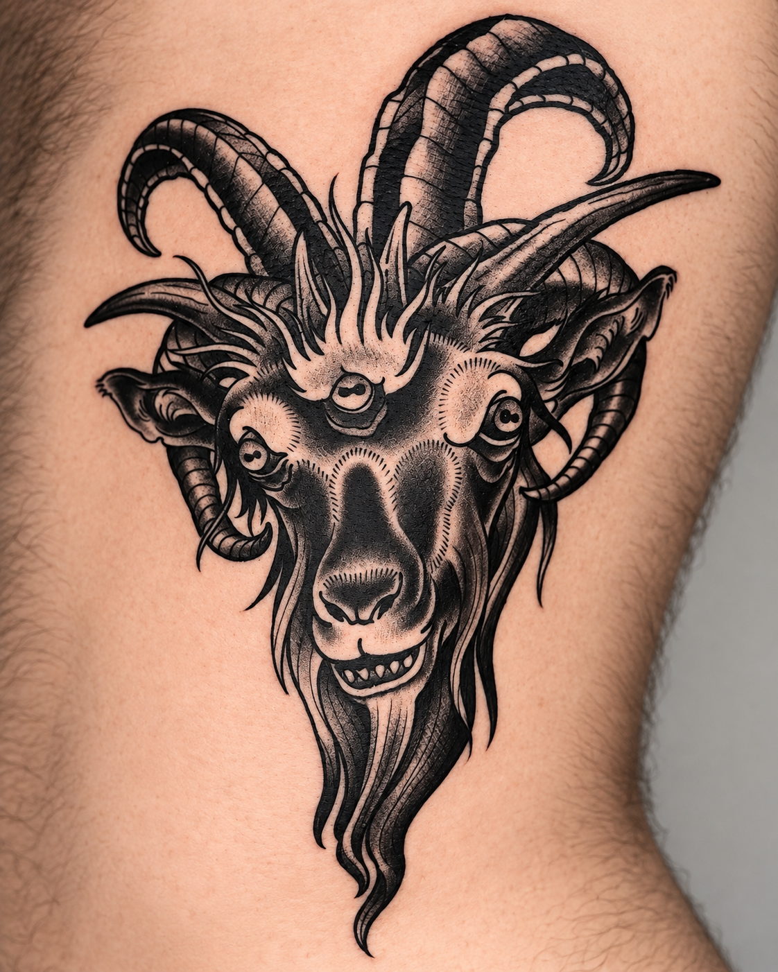 Black and gray goat head tattoo by Miami tattoo artist Adrian Aguirre
