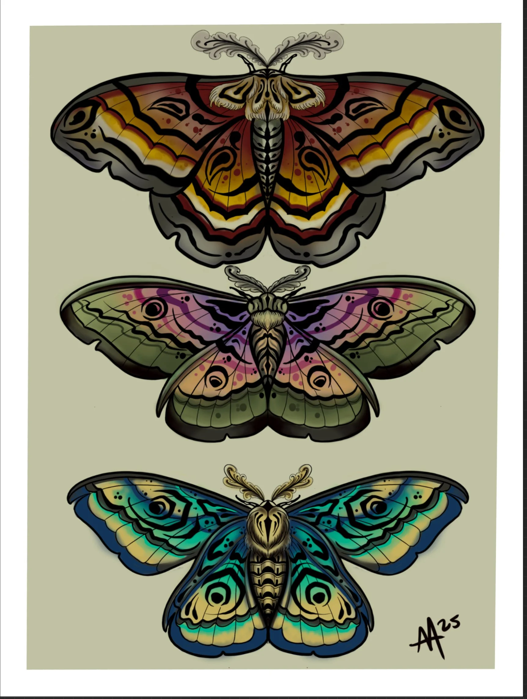 Available set of three colorful moth tattoo designs by Miami tattoo artist Adrian Aguirre
