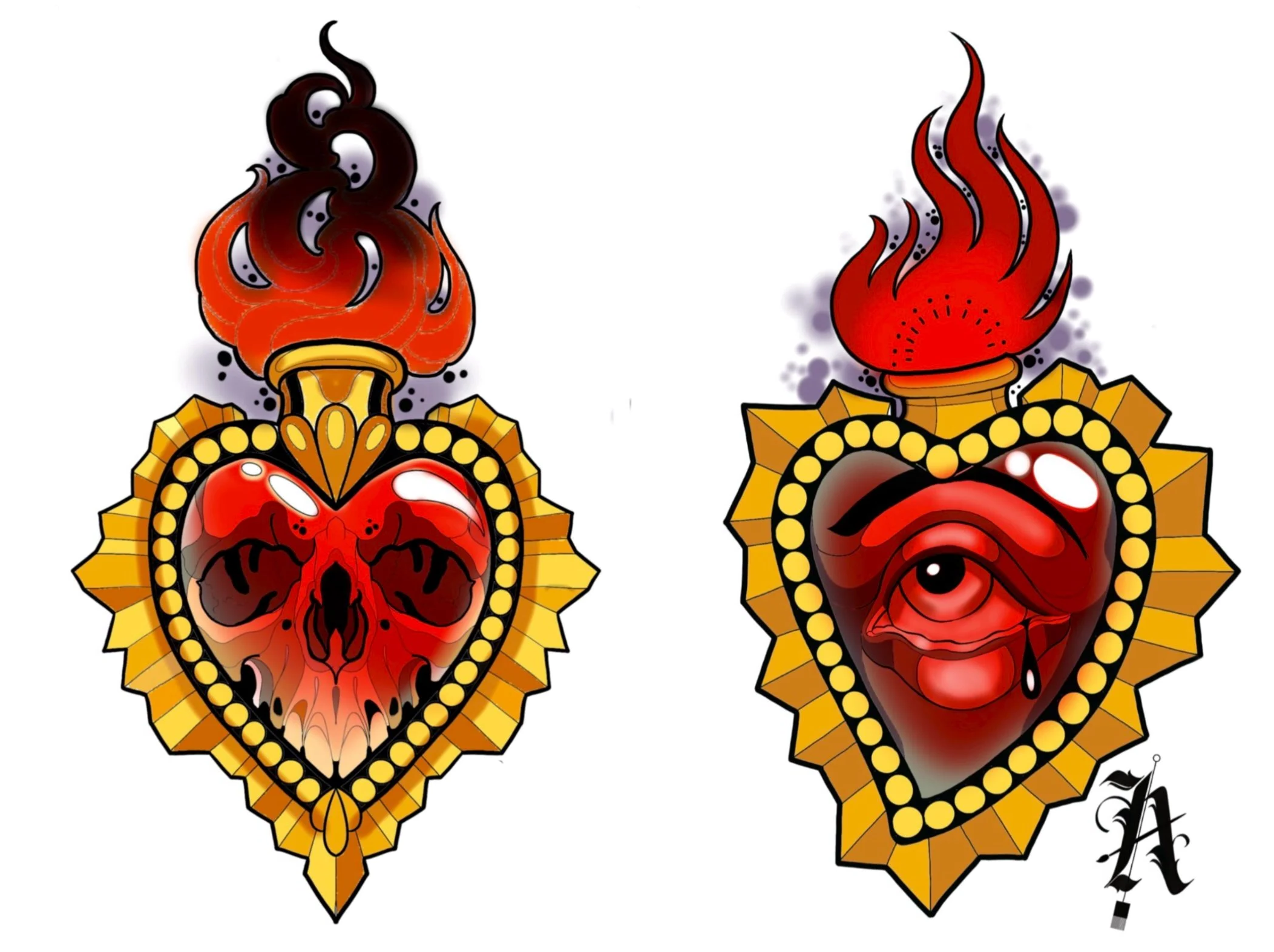 Available sacred heart tattoo designs featuring skull and eye variations by Miami tattoo artist Adrian Aguirre