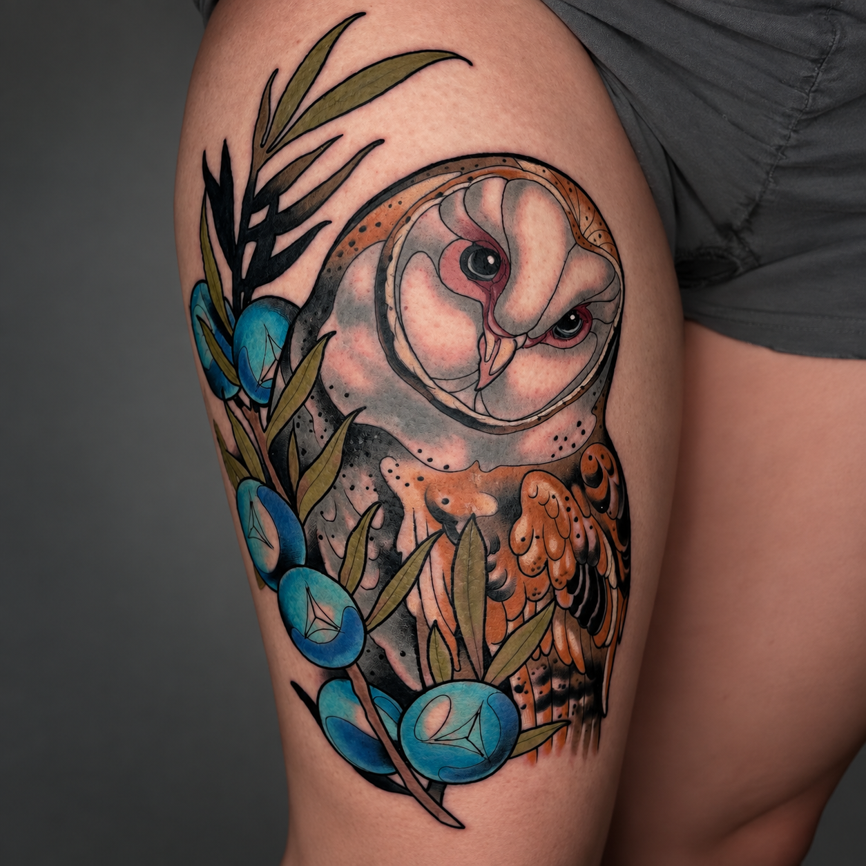 Color neo-traditional owl tattoo with blue flowers by Miami tattoo artist Adrian Aguirre
