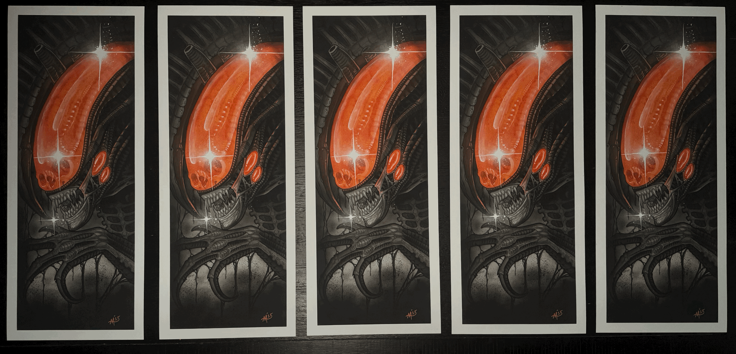 Xenomorph fine art print by Adrian Aguirre featuring glowing orange biomechanical details