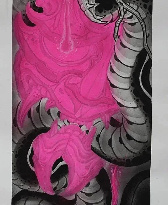 Close-up detail of fluorescent pink Hannya forms and black biomechanical textures in original painting by Adrian Aguirre