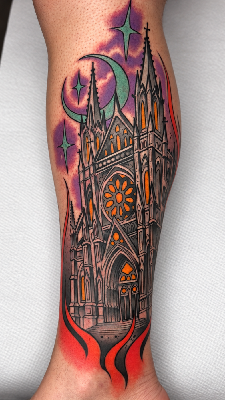Gothic cathedral tattoo with crescent moon, stars, and orange window details by Miami tattoo artist Adrian Aguirre