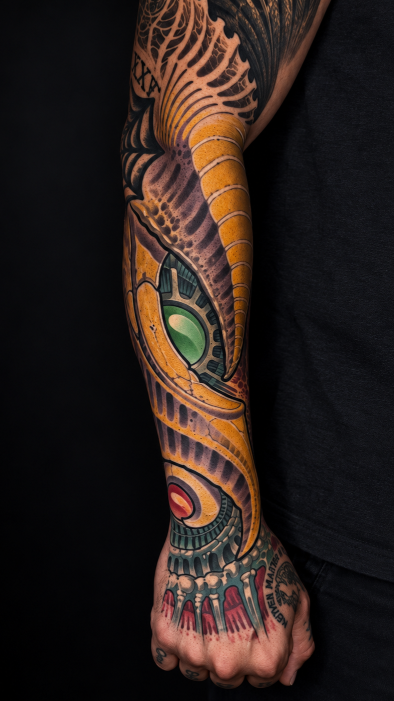 Color biomechanical forearm tattoo with organic mechanical details by Miami tattoo artist Adrian Aguirre