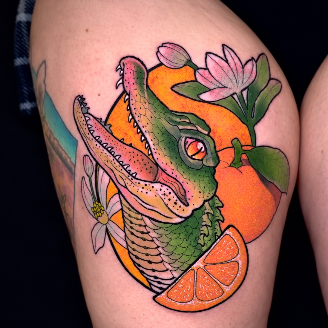 Color neo-traditional alligator tattoo with citrus and flowers by Miami tattoo artist Adrian Aguirre