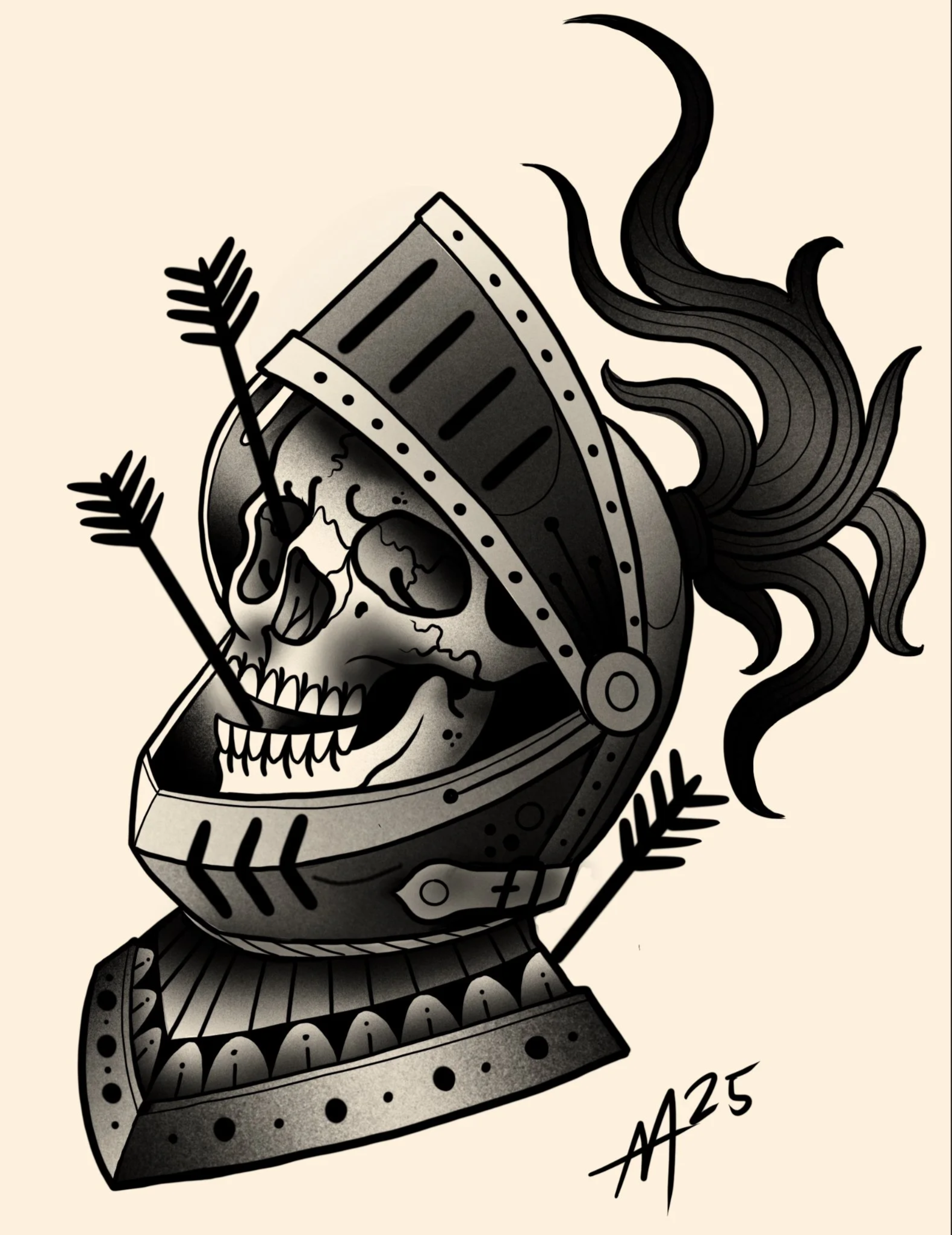 Available black and gray skull knight tattoo design in side profile with arrows by Miami tattoo artist Adrian Aguirre