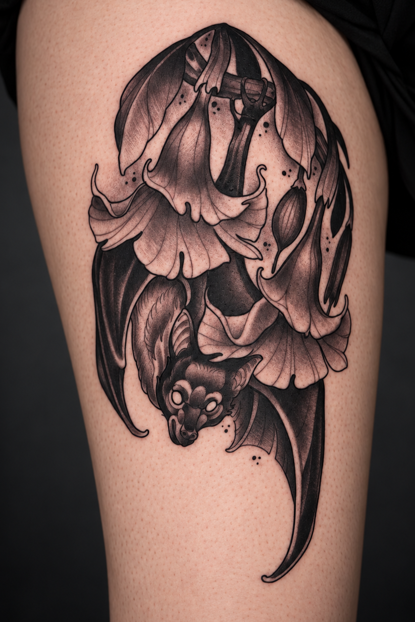 Black and gray fruit bat tattoo with folded wings by Miami tattoo artist Adrian Aguirre