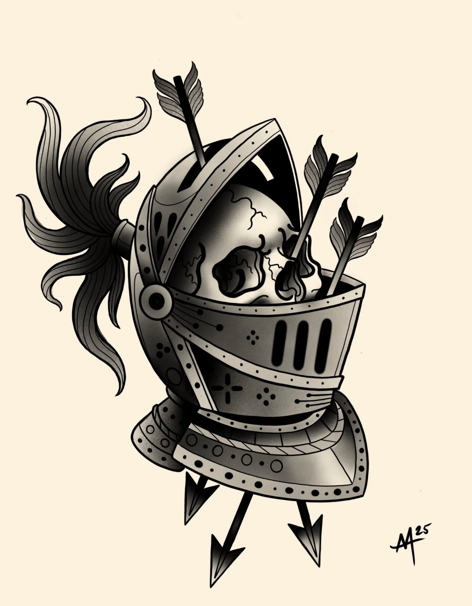 Available black and gray knight helmet tattoo design with arrows by Miami tattoo artist Adrian Aguirre