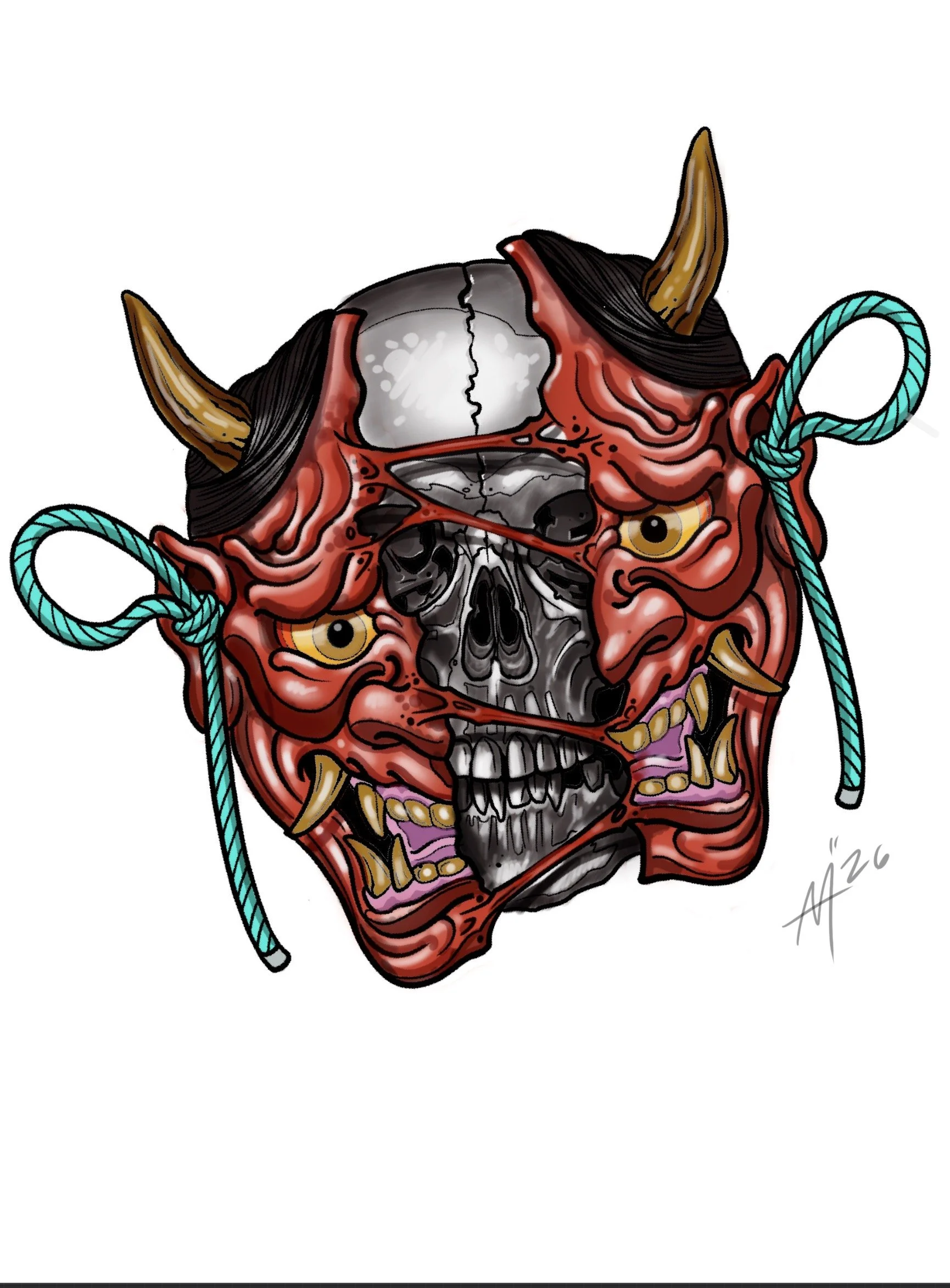 Available Japanese oni mask and skull tattoo design by Miami tattoo artist Adrian AguirreAvailable Japanese oni mask and skull tattoo design by Miami tattoo artist Adrian Aguirre