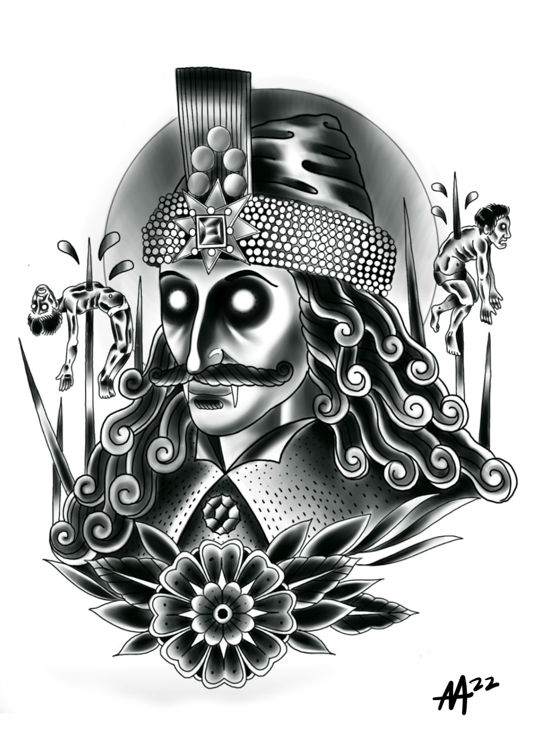 Available black and gray Vlad the Impaler Dracula tattoo design by Miami tattoo artist Adrian Aguirre