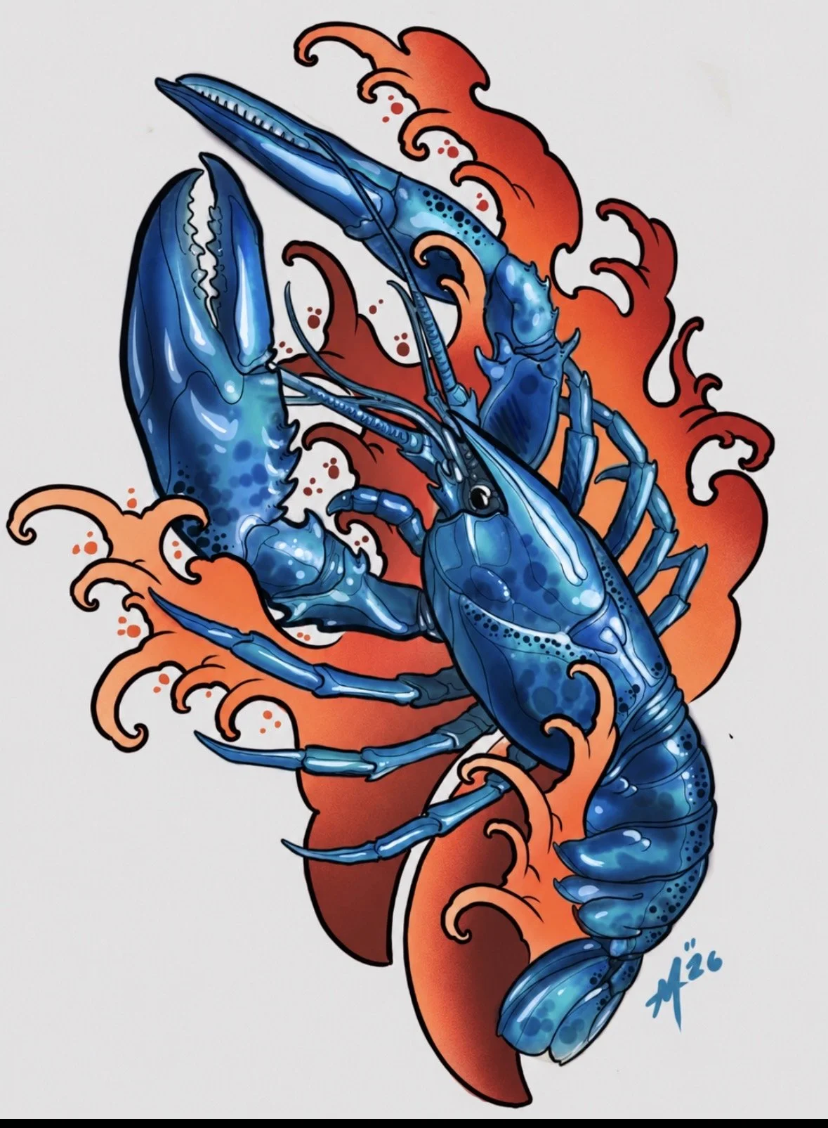Available blue lobster tattoo design with orange Japanese-style waves by Miami tattoo artist Adrian Aguirre