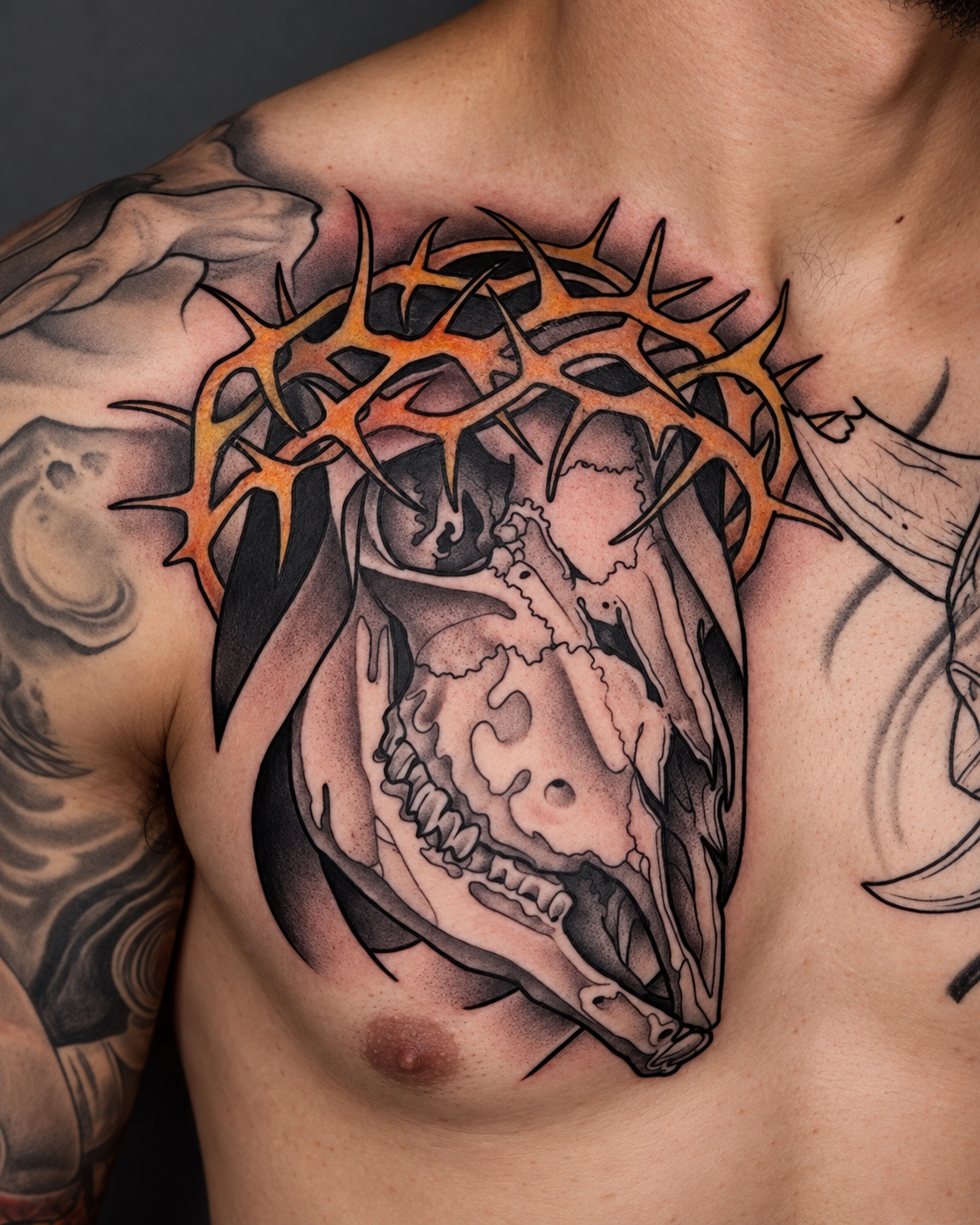 Black and gray animal skull chest tattoo with thorn details, by Miami tattoo artist Adrian Aguirre.
