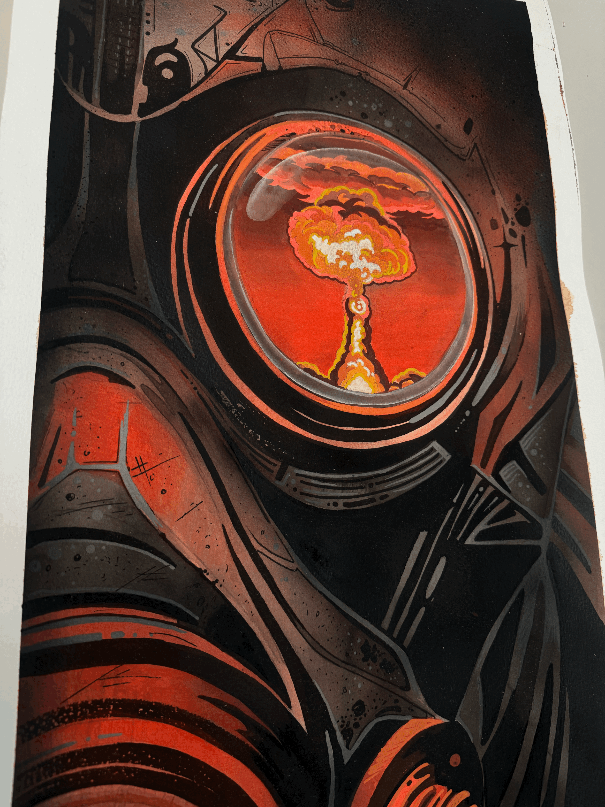 Close-up of gas mask details in the Chernobyl original painting by Adrian Aguirre