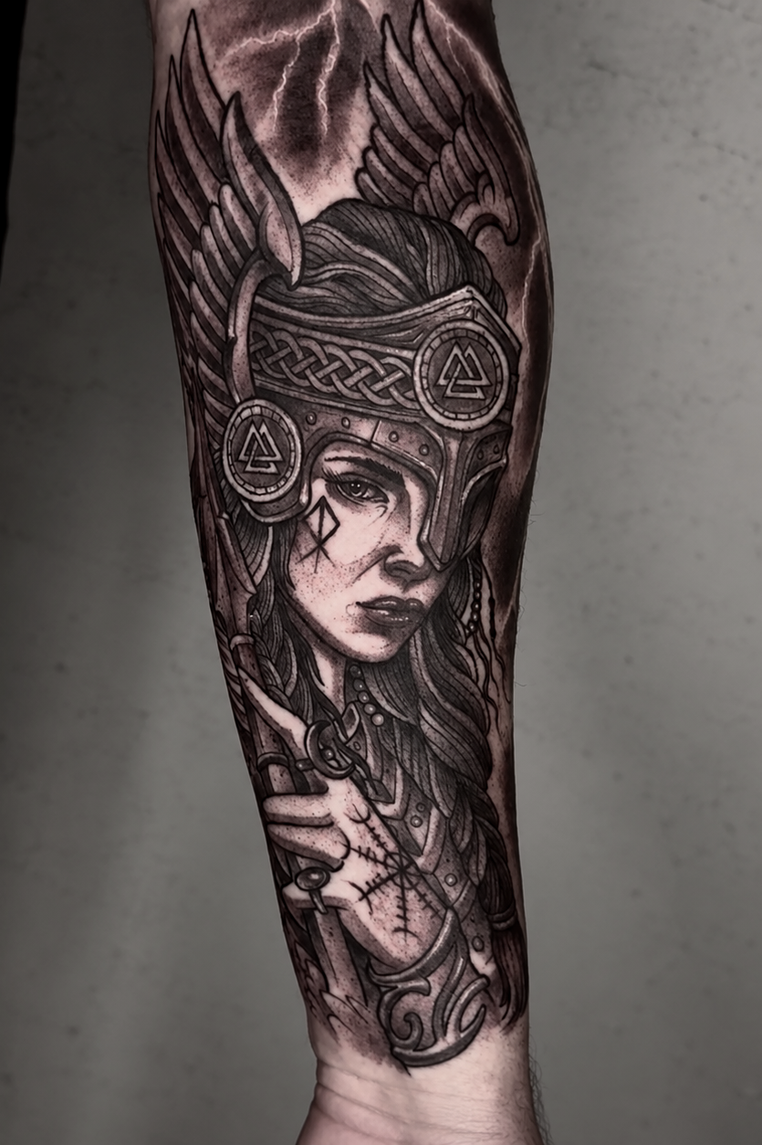 Black and gray Valkyrie Viking female warrior tattoo by Miami tattoo artist Adrian Aguirre