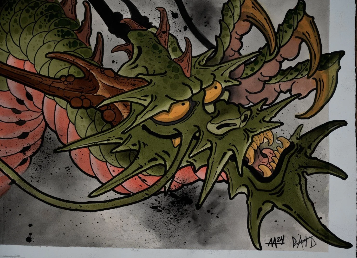 Close-up of the green Japanese-inspired dragon head and facial details in original painting by Adrian Aguirre