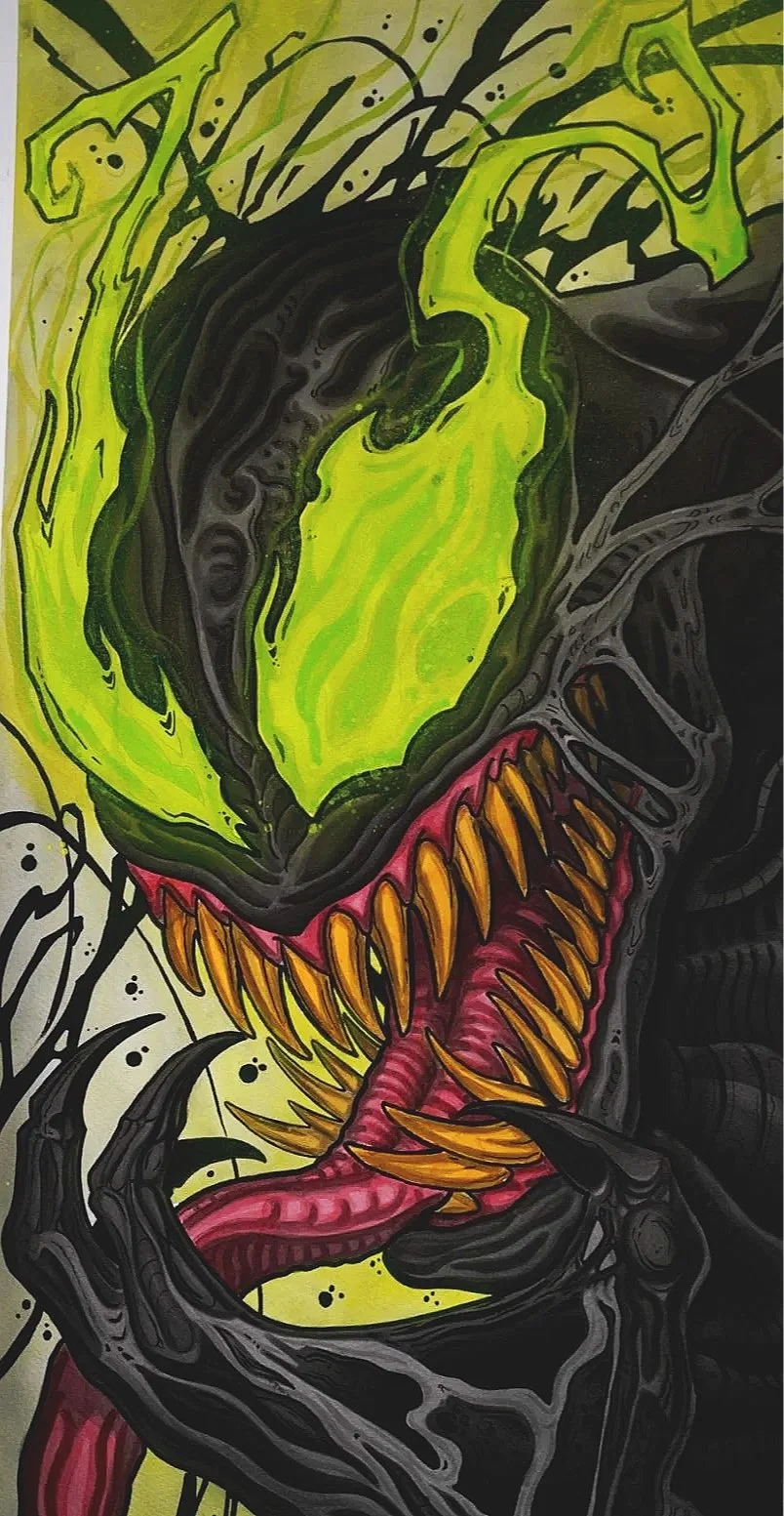 Close-up of Venom original painting showing the face, teeth, and vivid green details by Adrian Aguirre