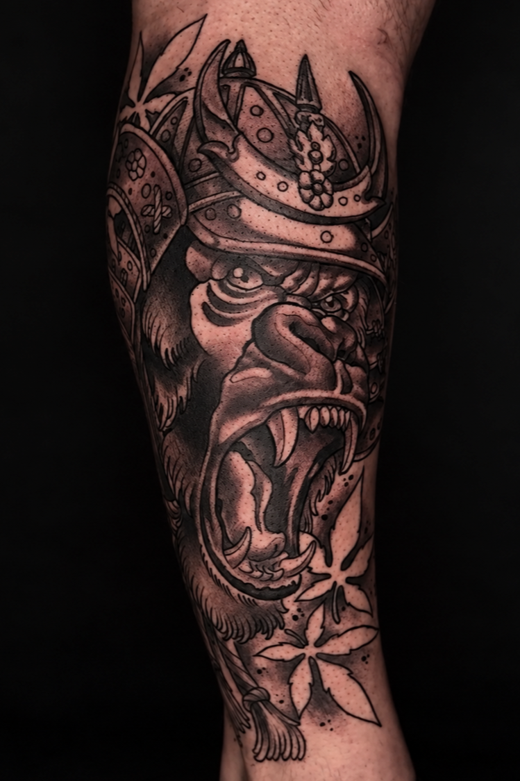 Black and gray samurai gorilla tattoo by Miami tattoo artist Adrian Aguirre