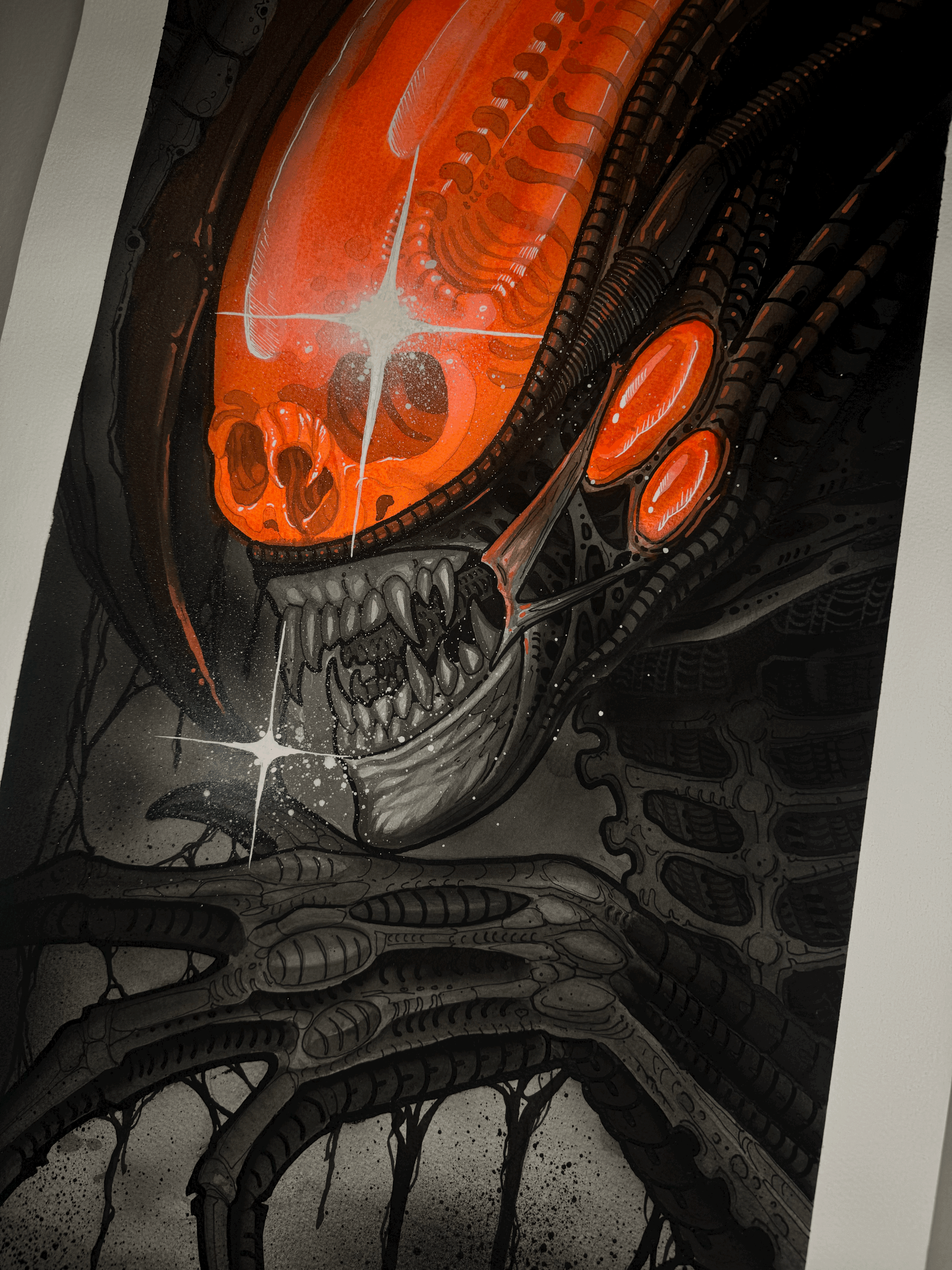 Close-up of Xenomorph head and glowing orange dome in original painting by Adrian Aguirre