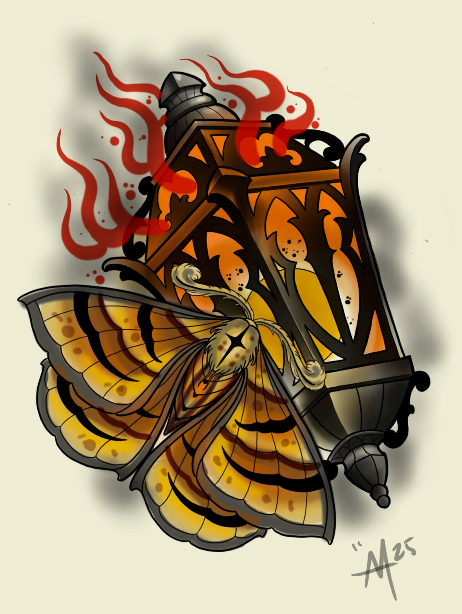 Available moth and lantern tattoo design with warm orange and red details by Miami tattoo artist Adrian Aguirre