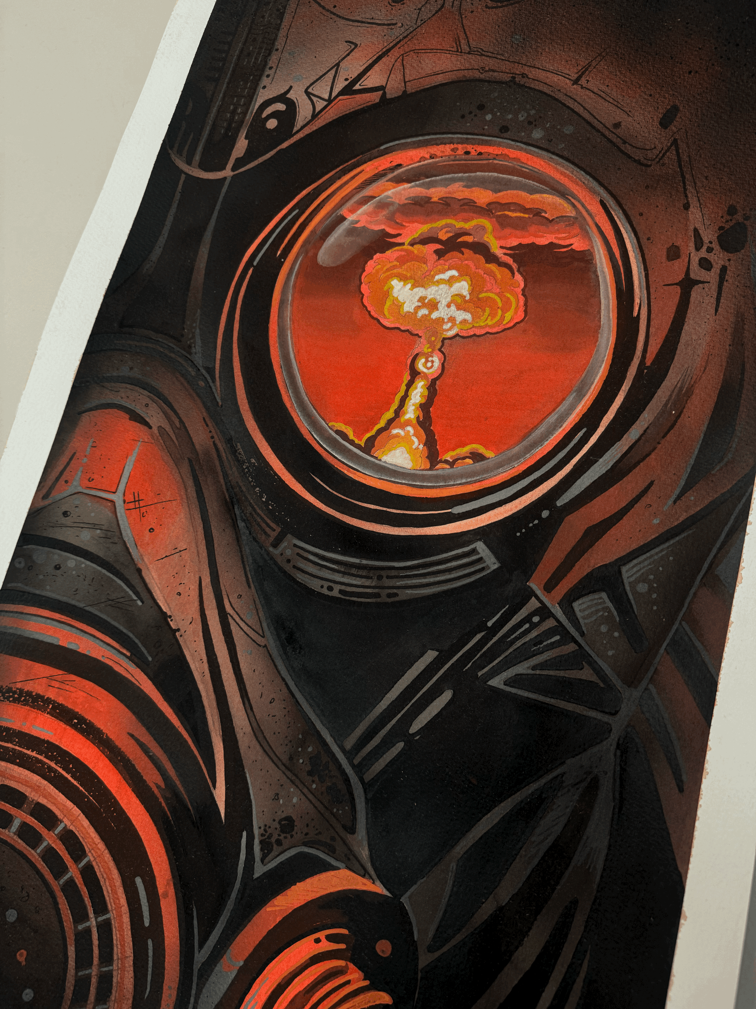 Detail view of the orange and black protective suit in the Chernobyl mixed-media painting by Adrian Aguirre