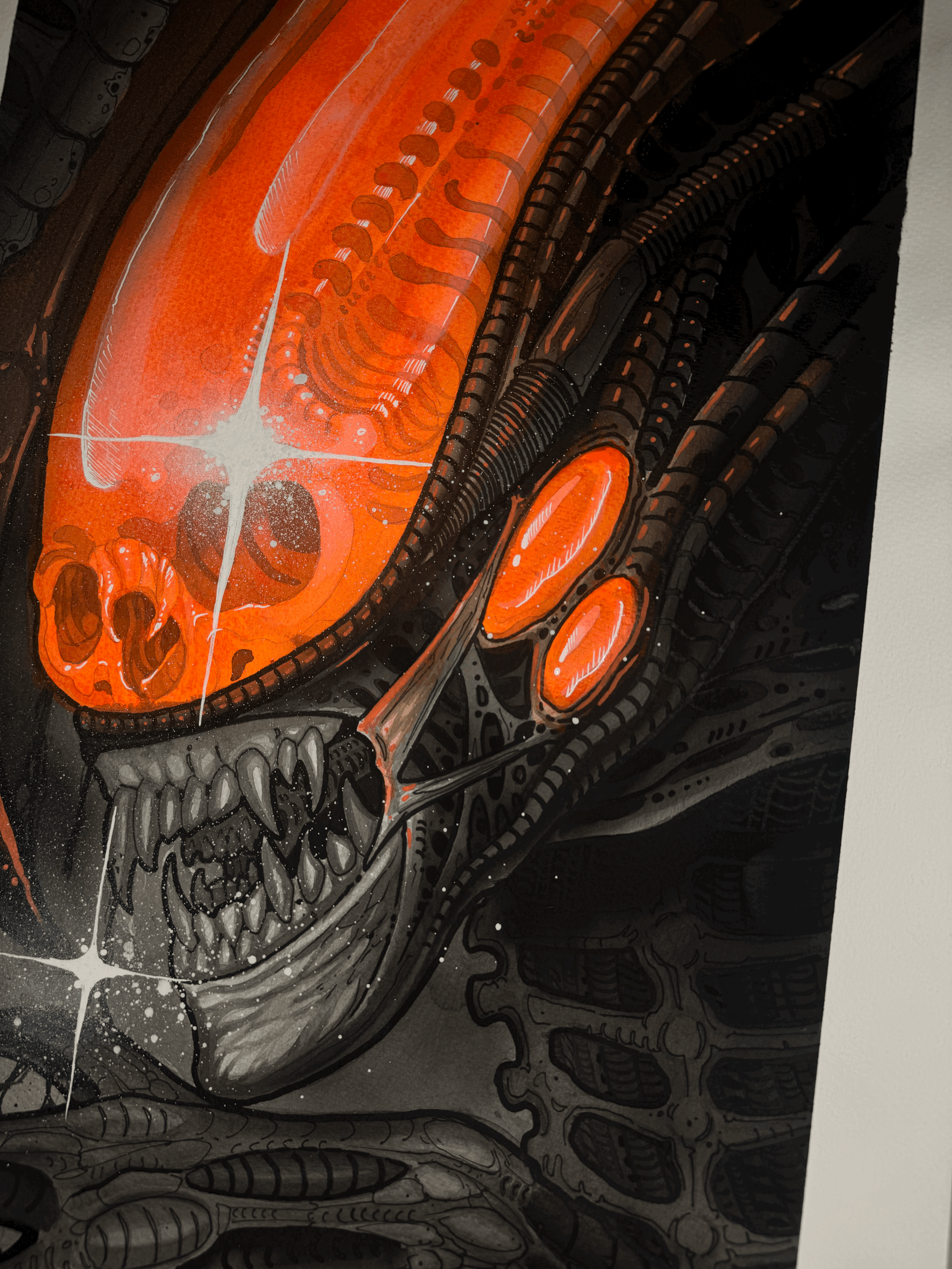 Detail view of the glowing orange cranial dome and mechanical textures in the Xenomorph painting by Adrian Aguirre